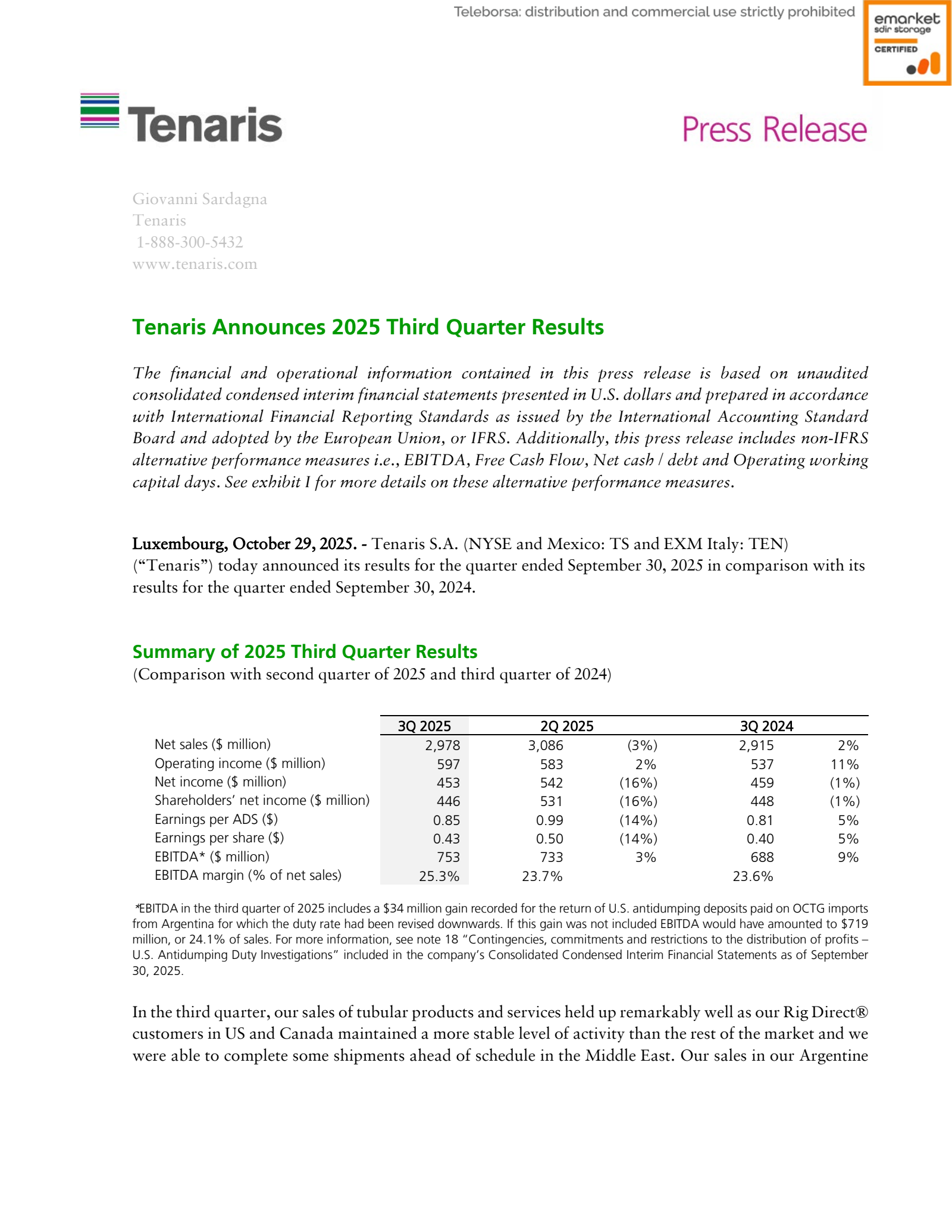 Tenaris' Q3 2025 Earnings Release