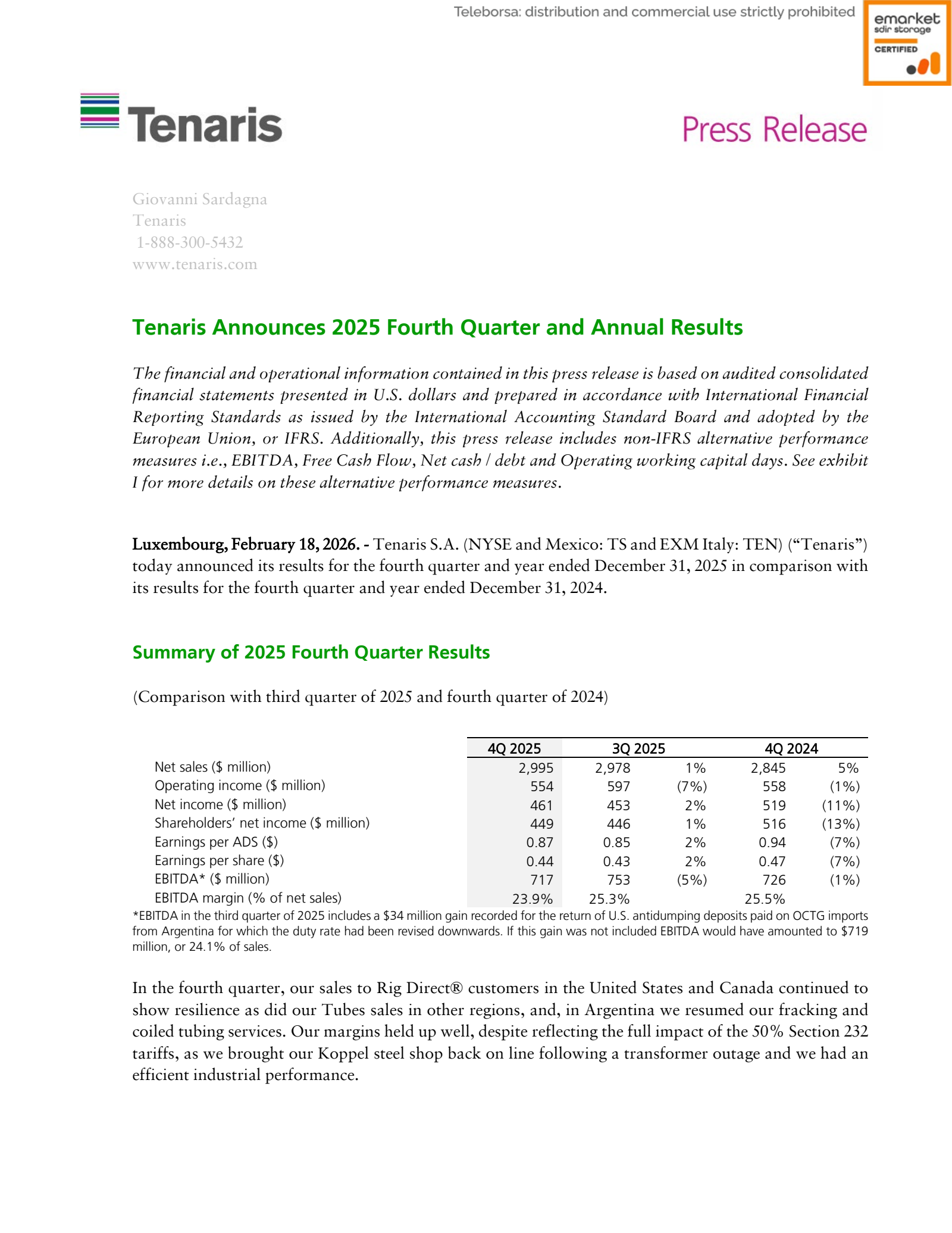Tenaris' Q4 2025 Press Release