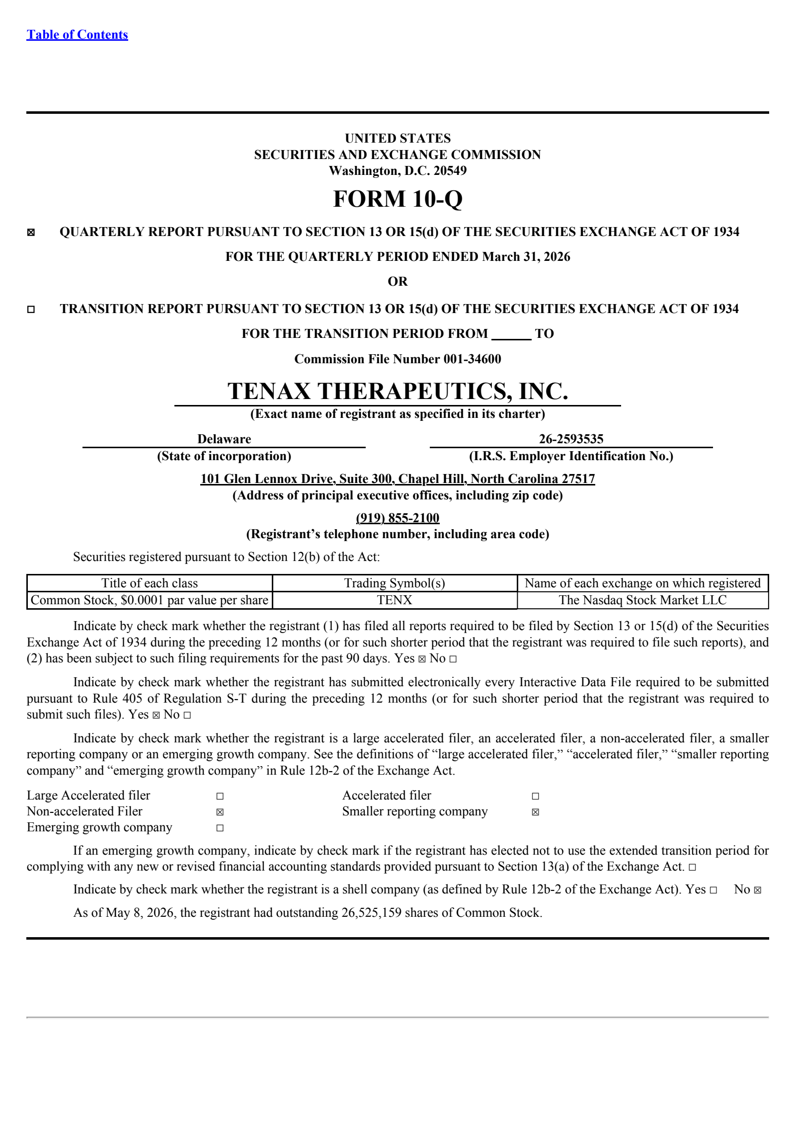 Tenax Therapeutics' Q1 2026 Quarterly report