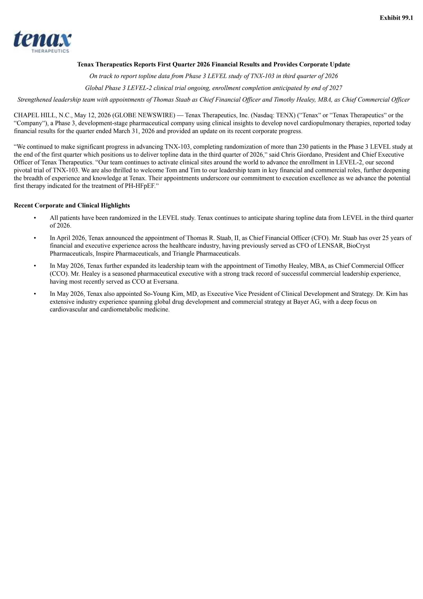 Tenax Therapeutics' Q1 2026 Press Release