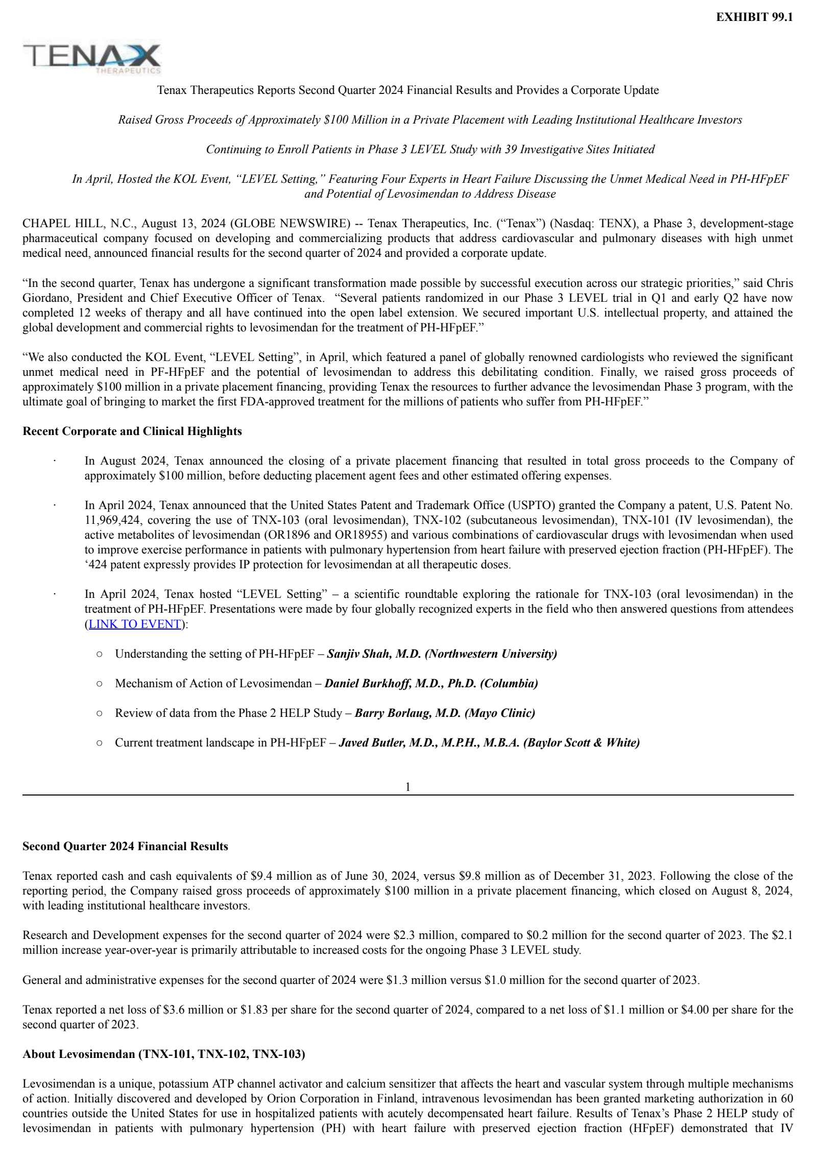 Tenax Therapeutics' Q2 2024 Press Release