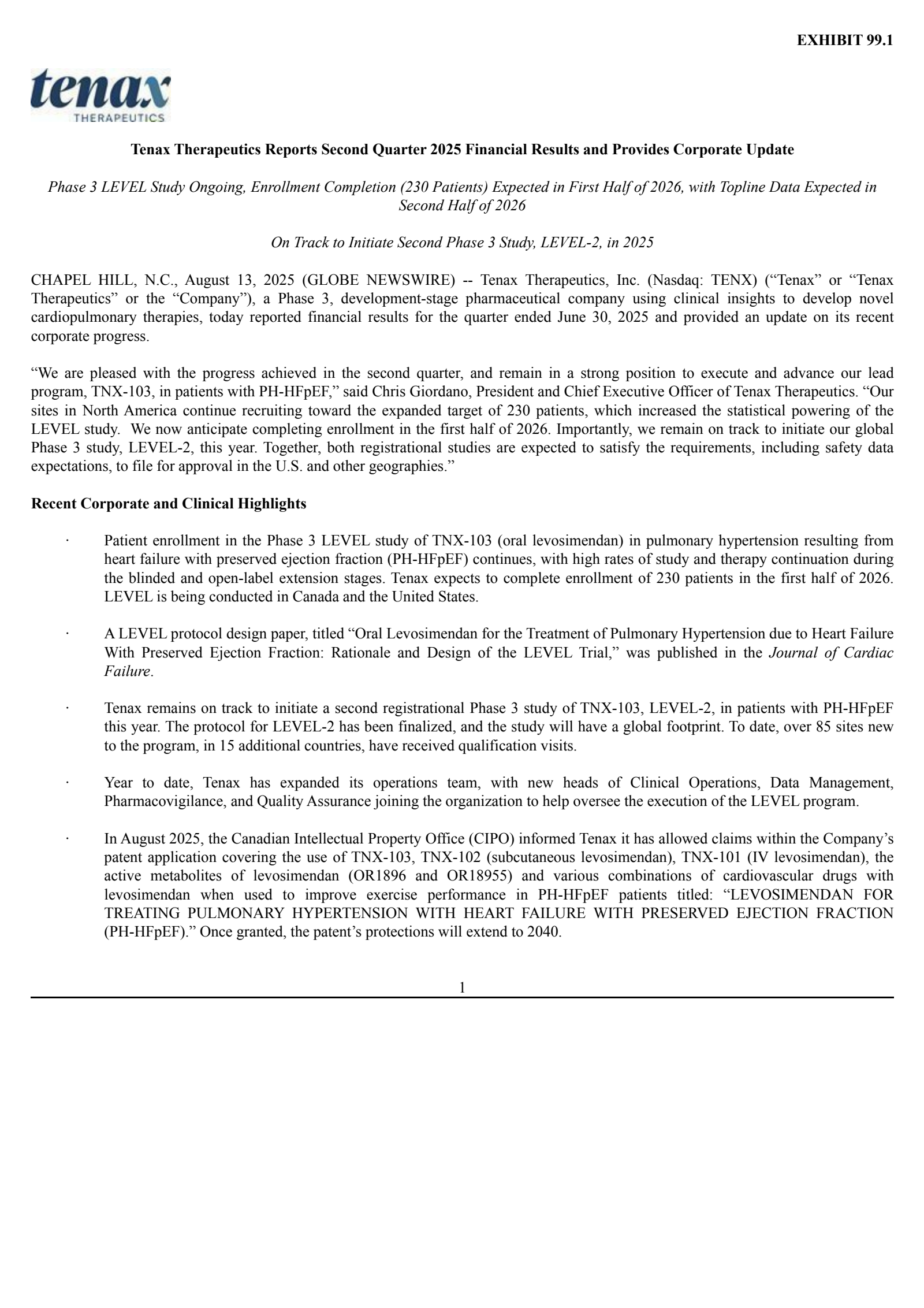 Tenax Therapeutics' Q2 2025 Press Release