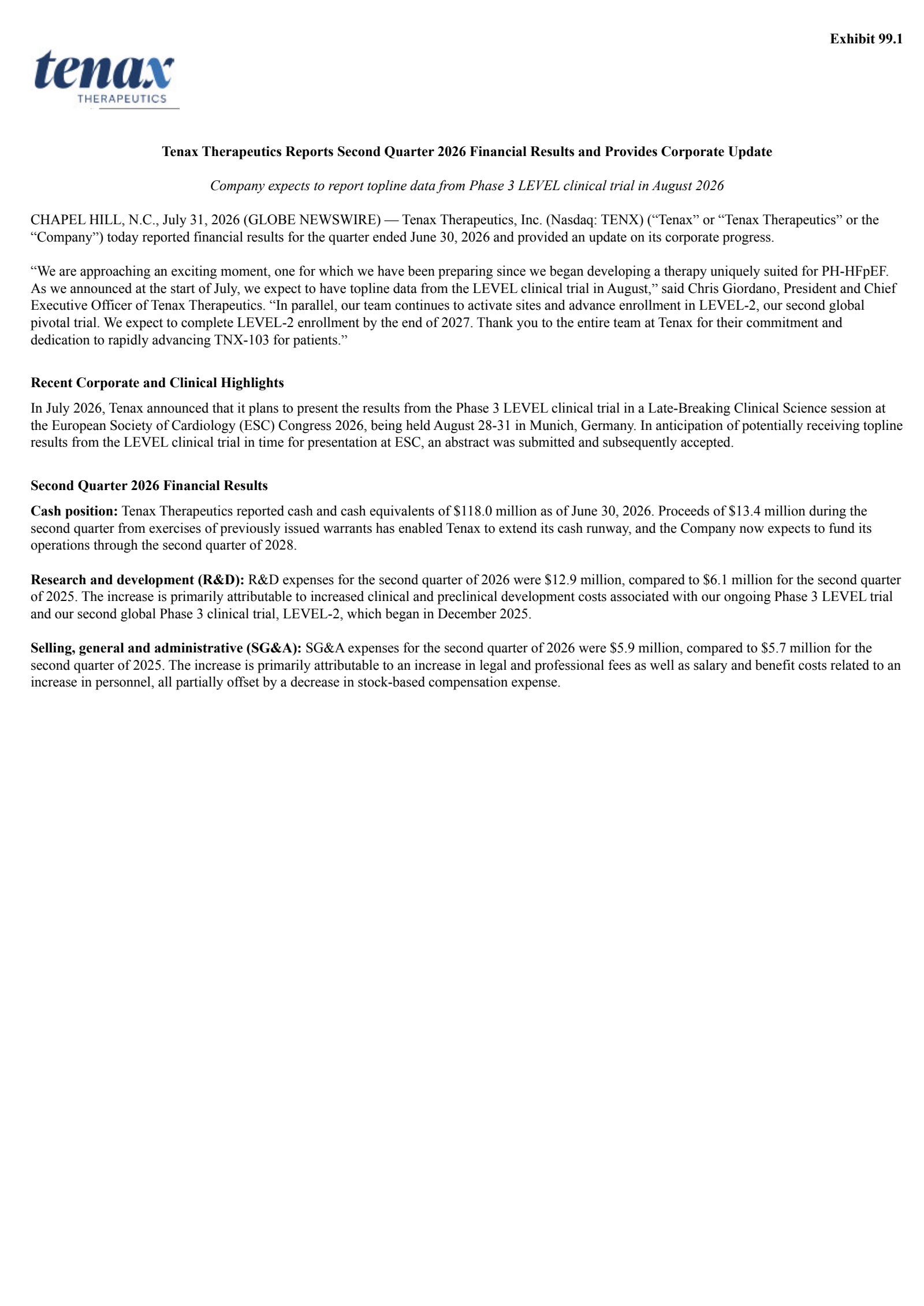 Tenax Therapeutics' Q2 2026 Press Release