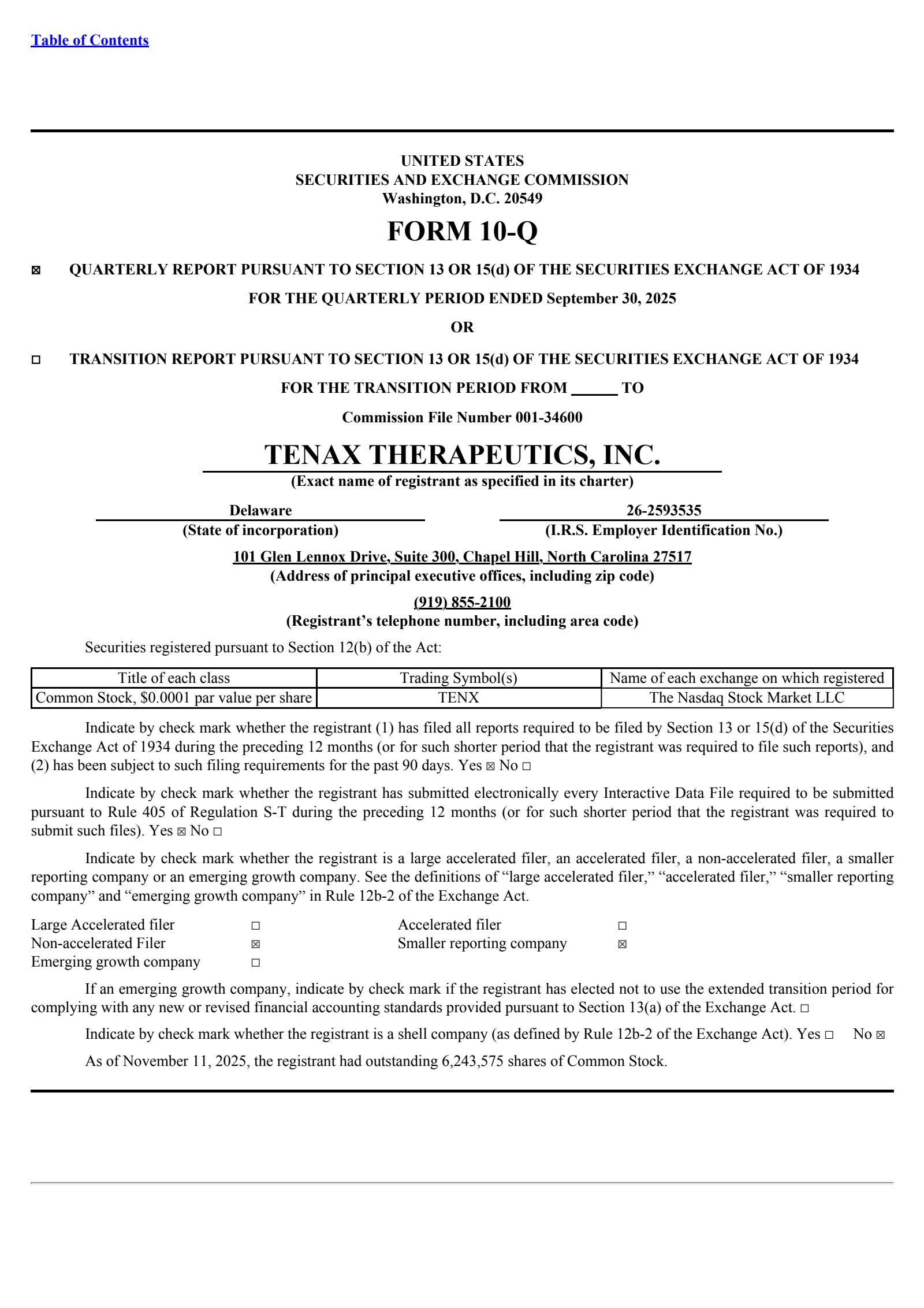 Tenax Therapeutics' Q3 2025 Quarterly Report