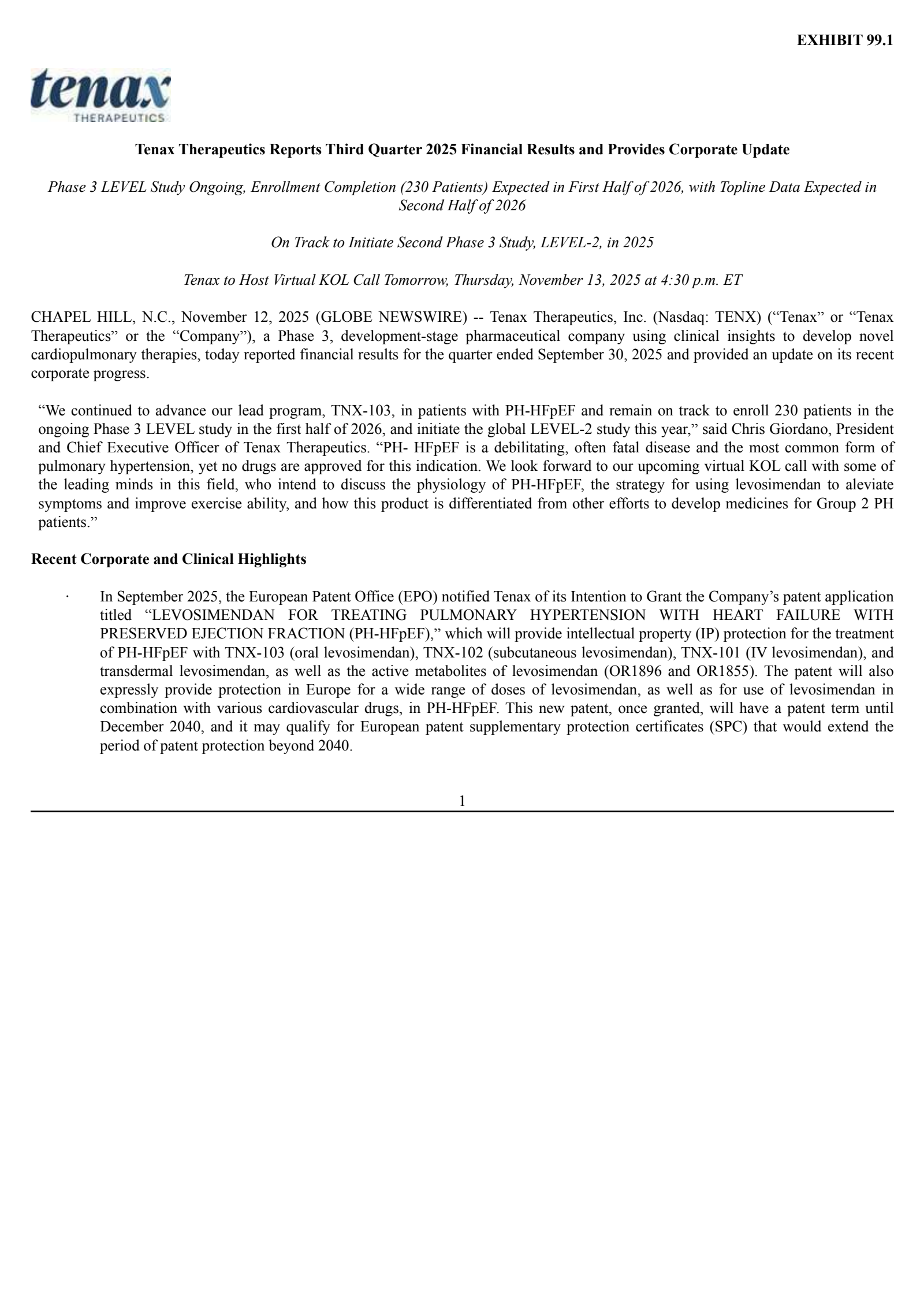 Tenax Therapeutics' Q3 2025 Earnings Release
