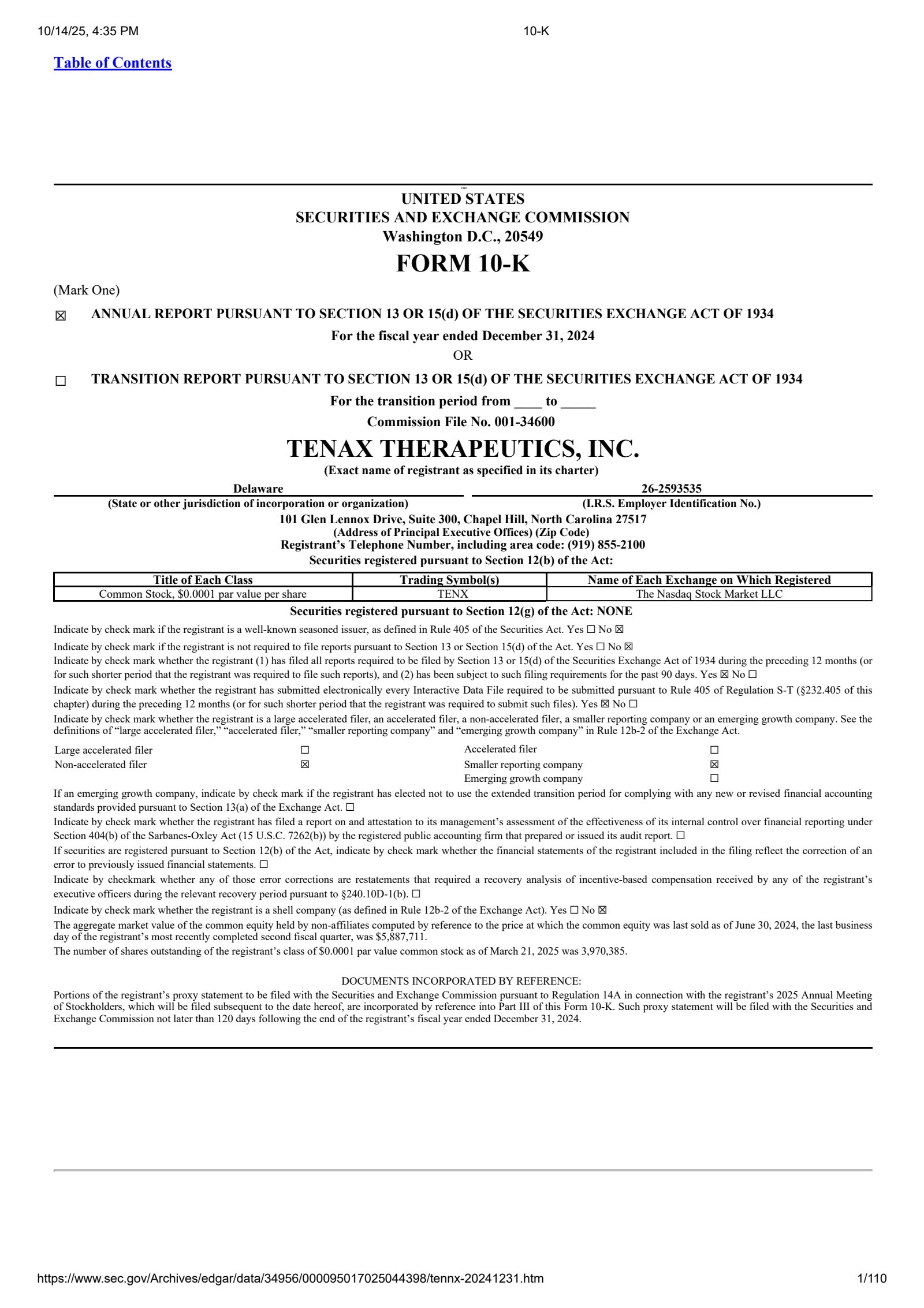 Tenax Therapeutics' Q4 2024 Annual Report