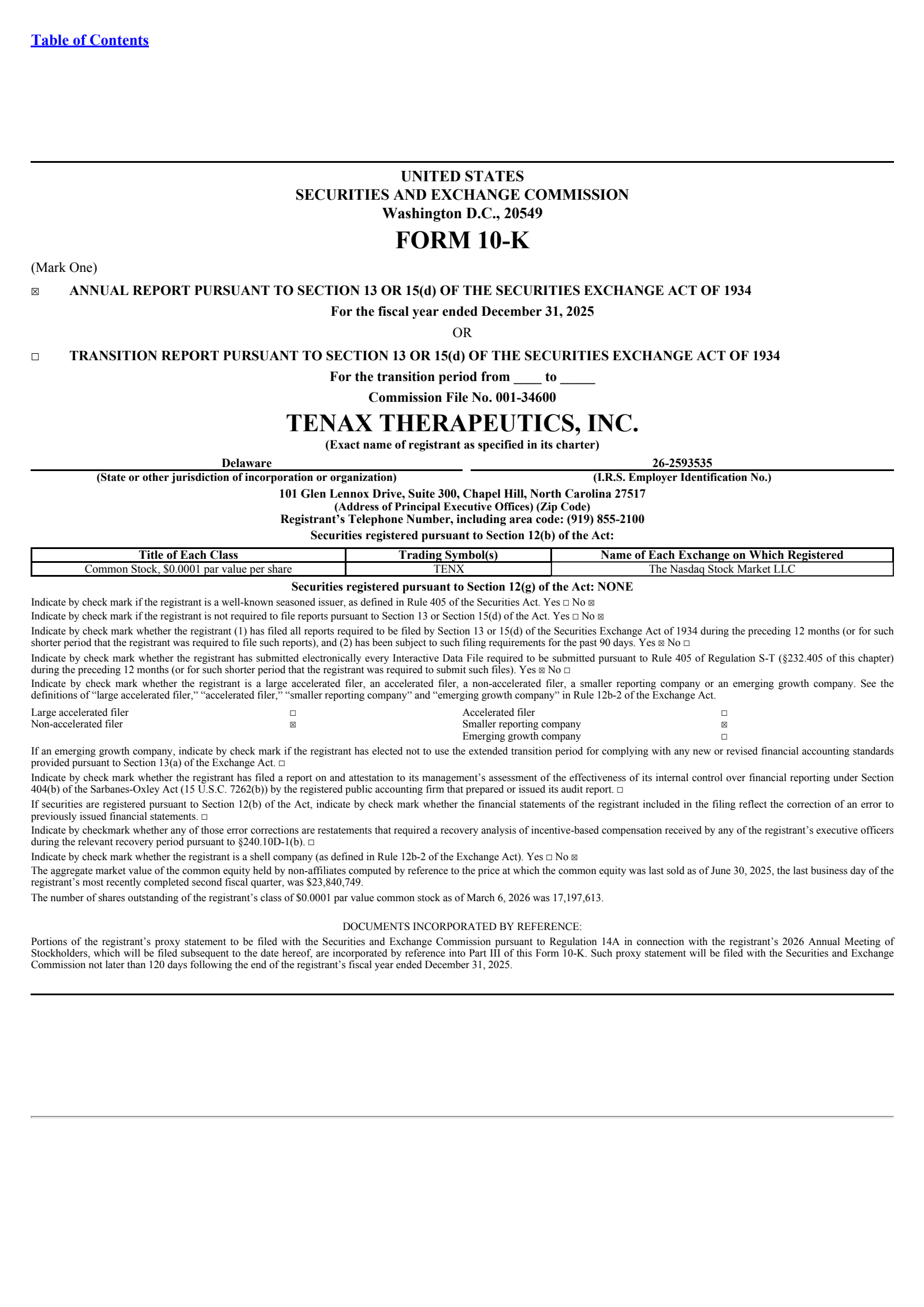 Tenax Therapeutics' Q4 2025 Annual report