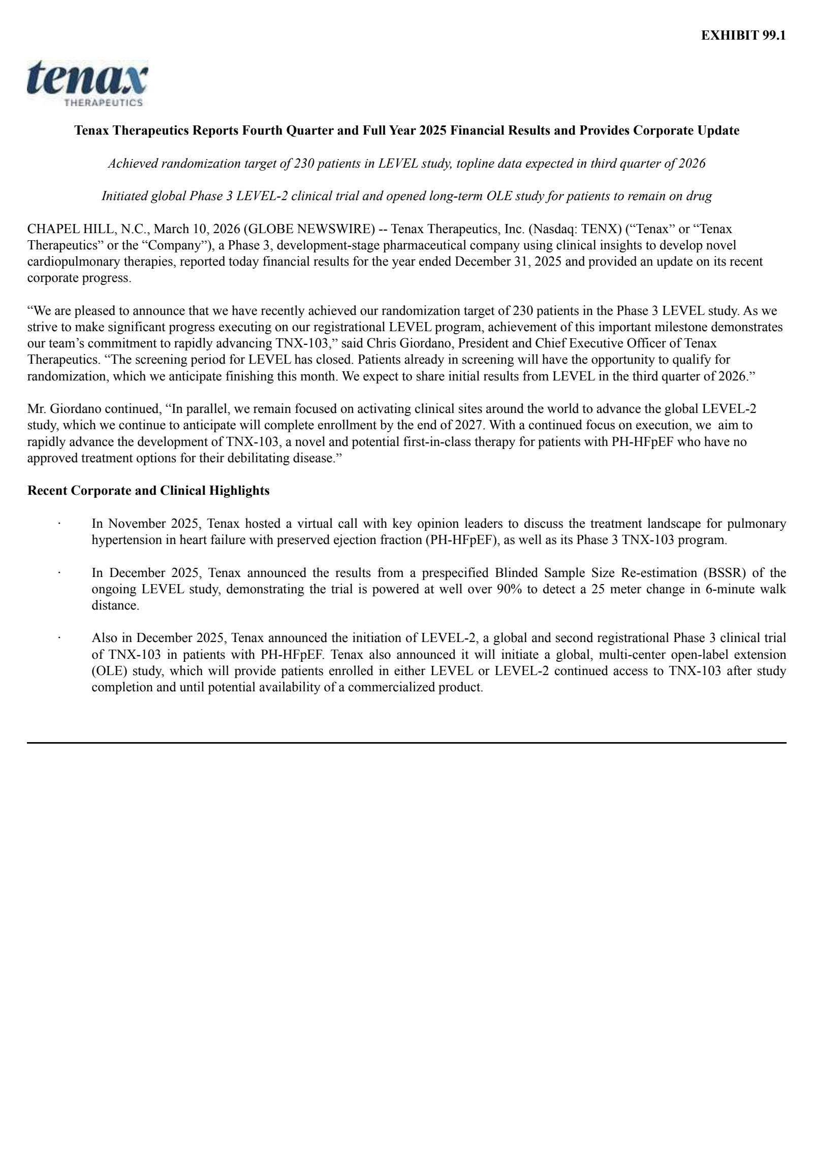 Tenax Therapeutics' Q4 2025 Press Release