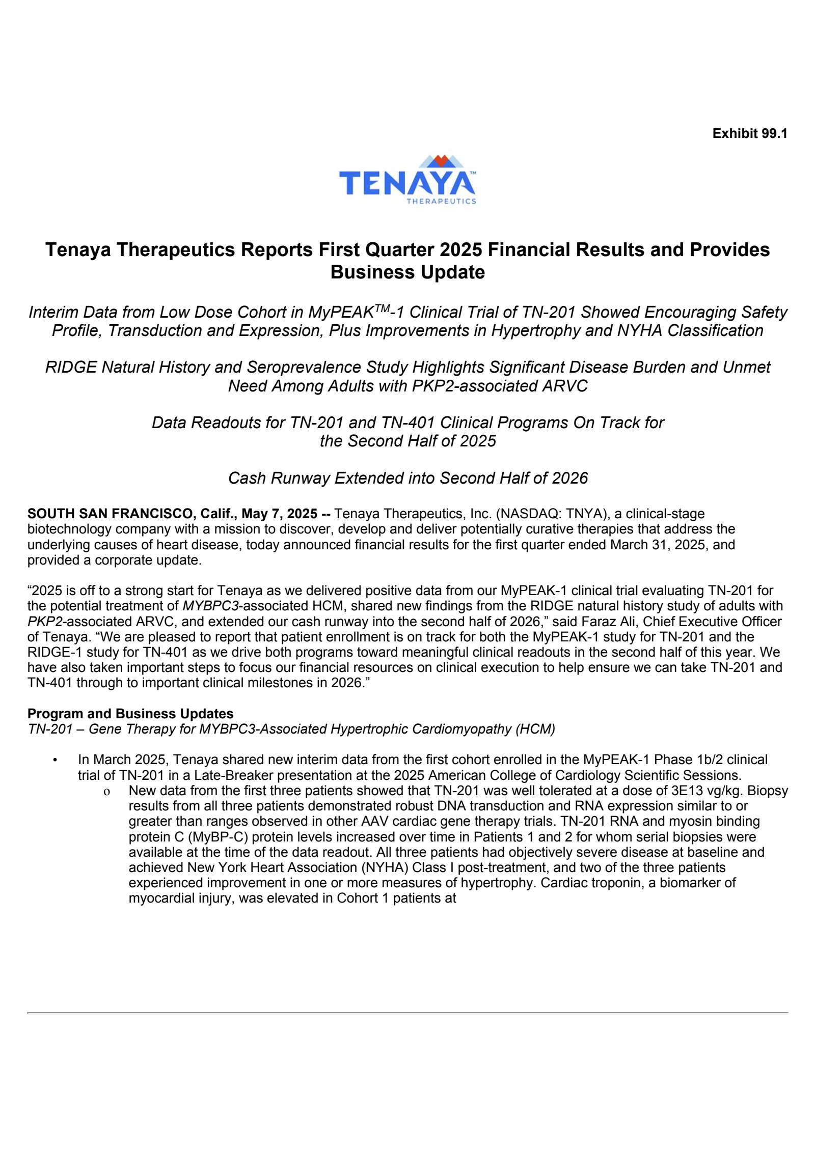 Tnya TNYA Q1 2025 Earnings Report on 5/7/2025