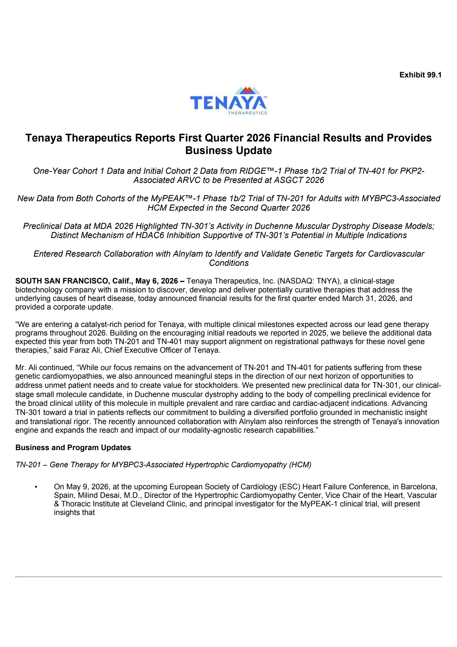Tnya TNYA Q1 2026 Earnings Report on 5/6/2026
