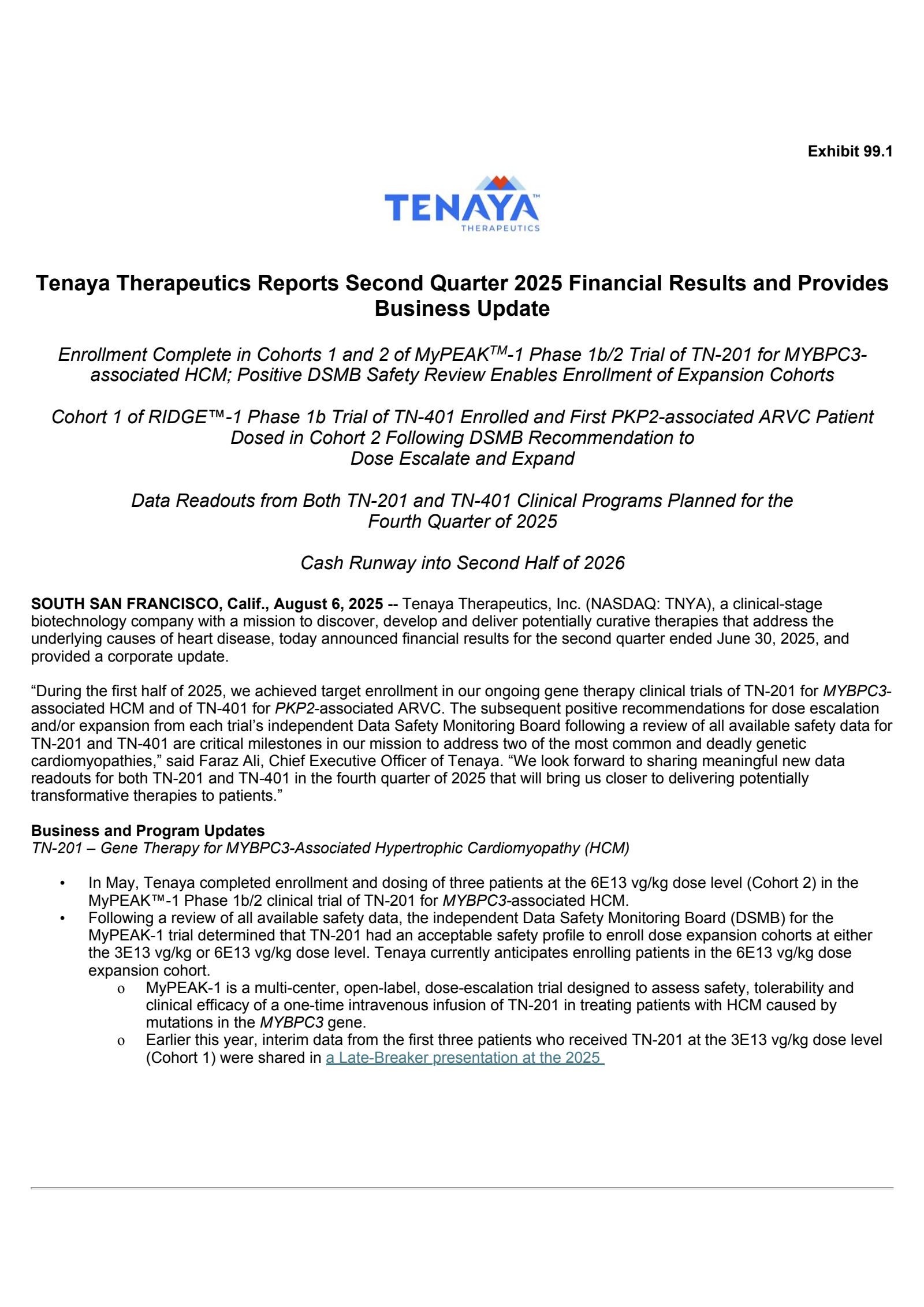 Tenaya Therapeutics' Q2 2025 Press Release