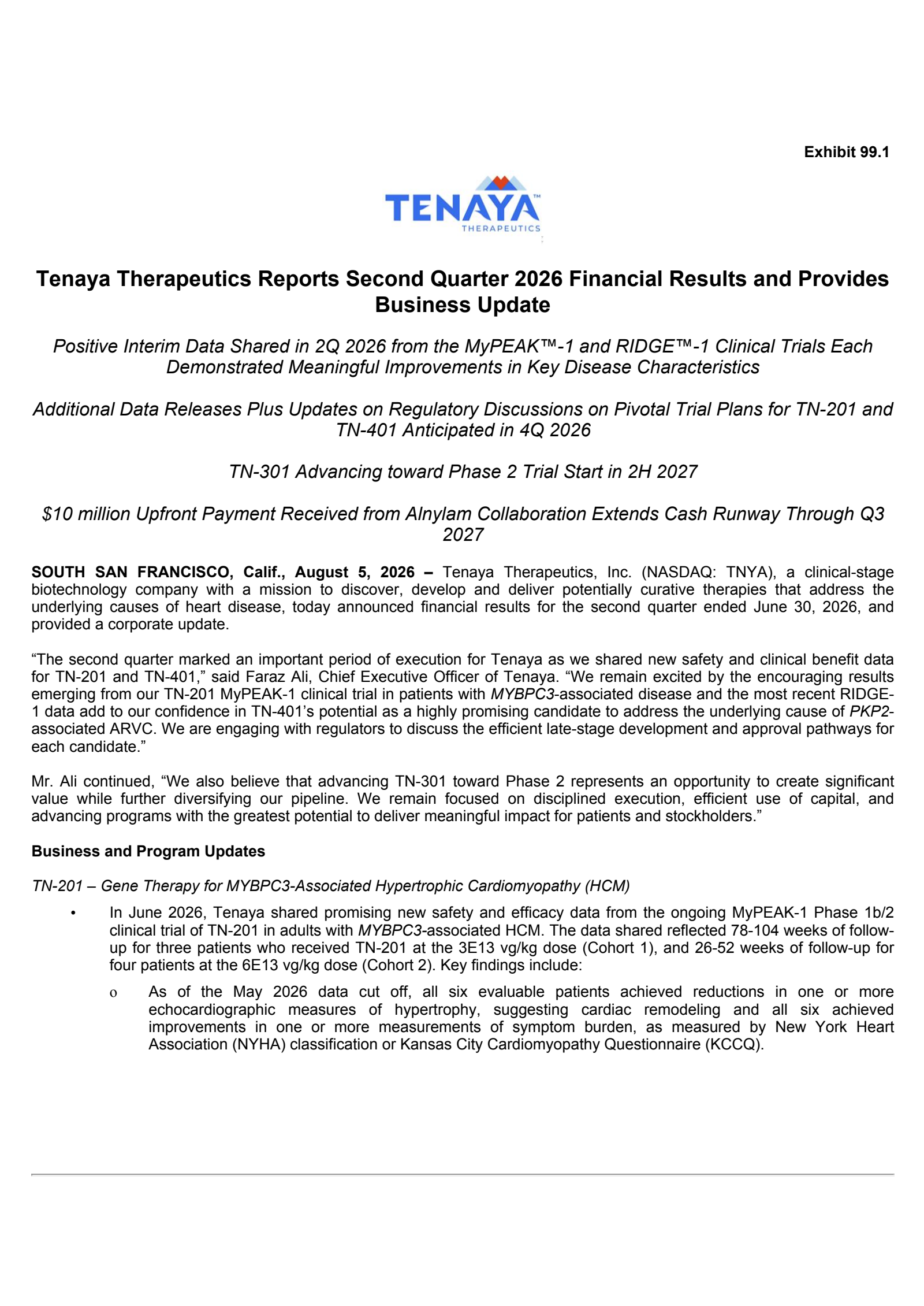 Tenaya Therapeutics' Q2 2026 Press Release