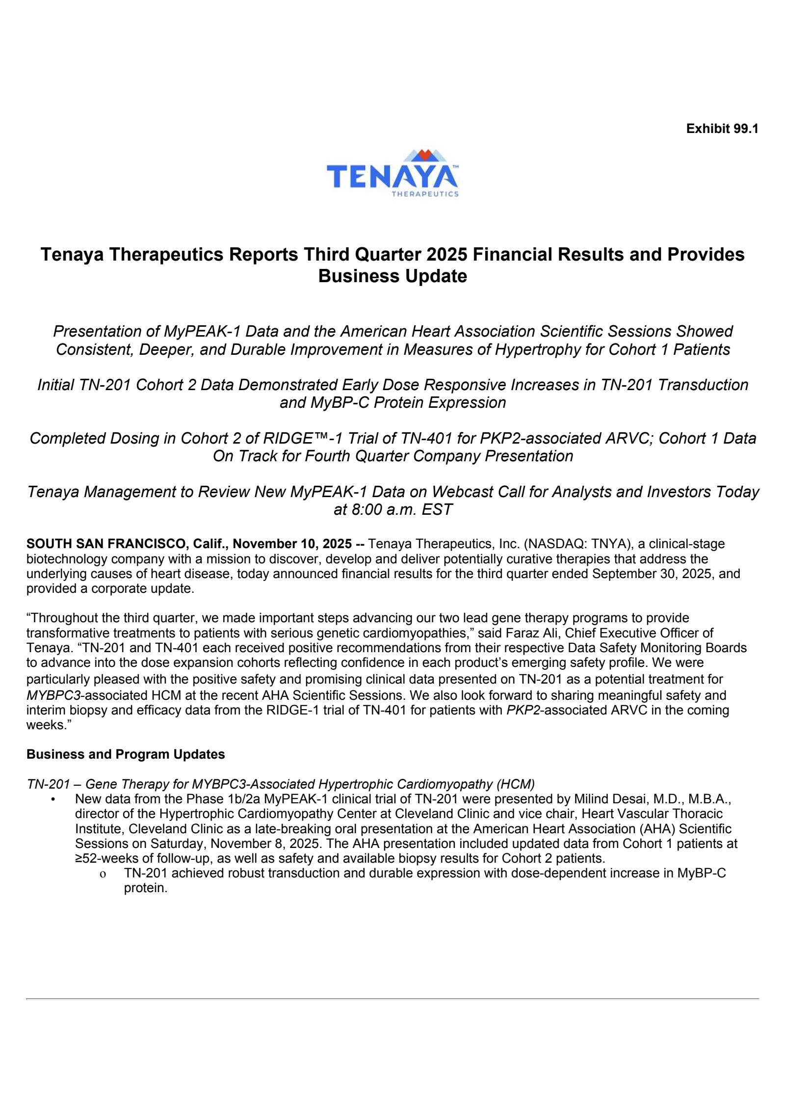 Tenaya Therapeutics' Q3 2025 Earnings Release