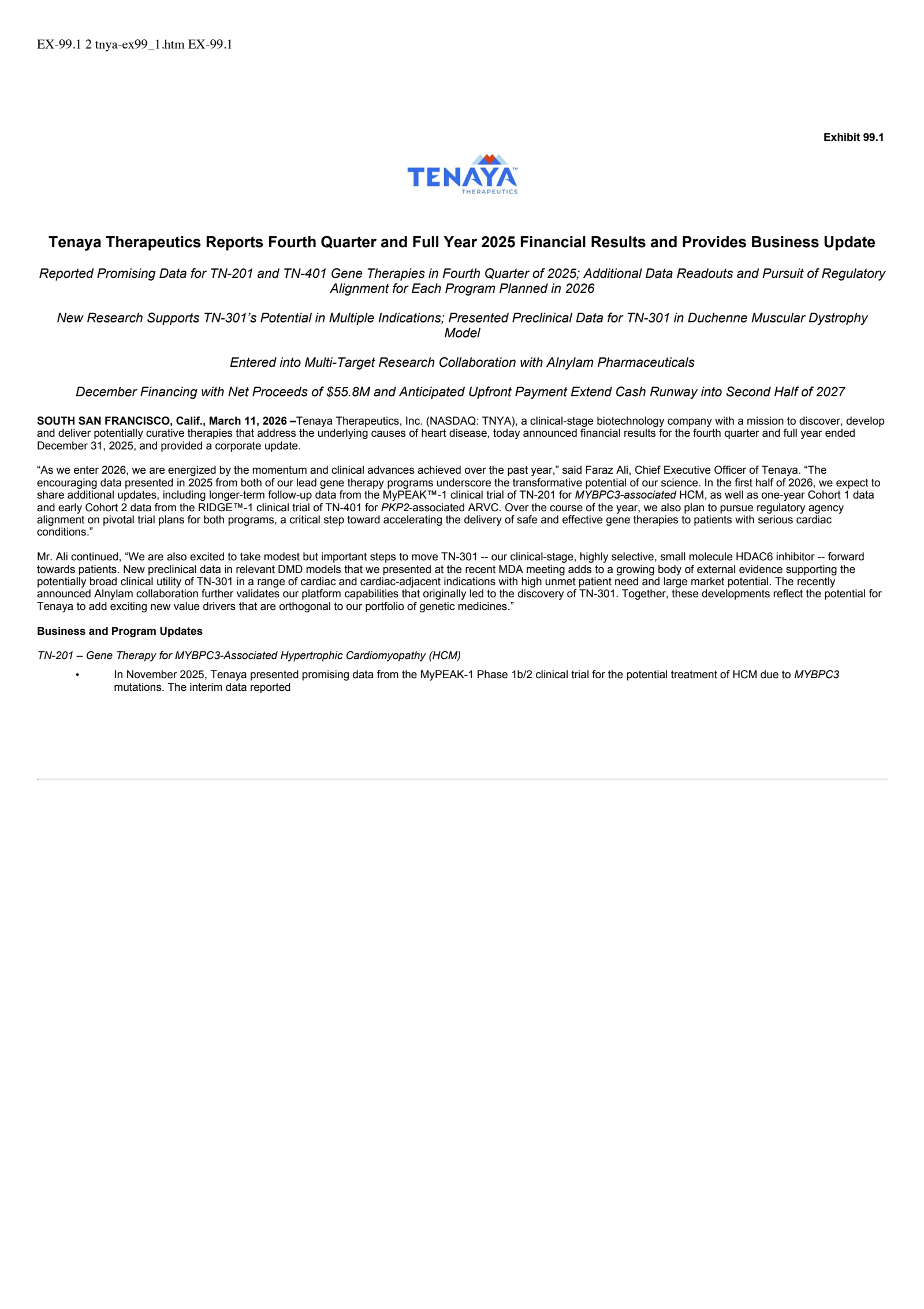 Tenaya Therapeutics' Q4 2025 Press Release