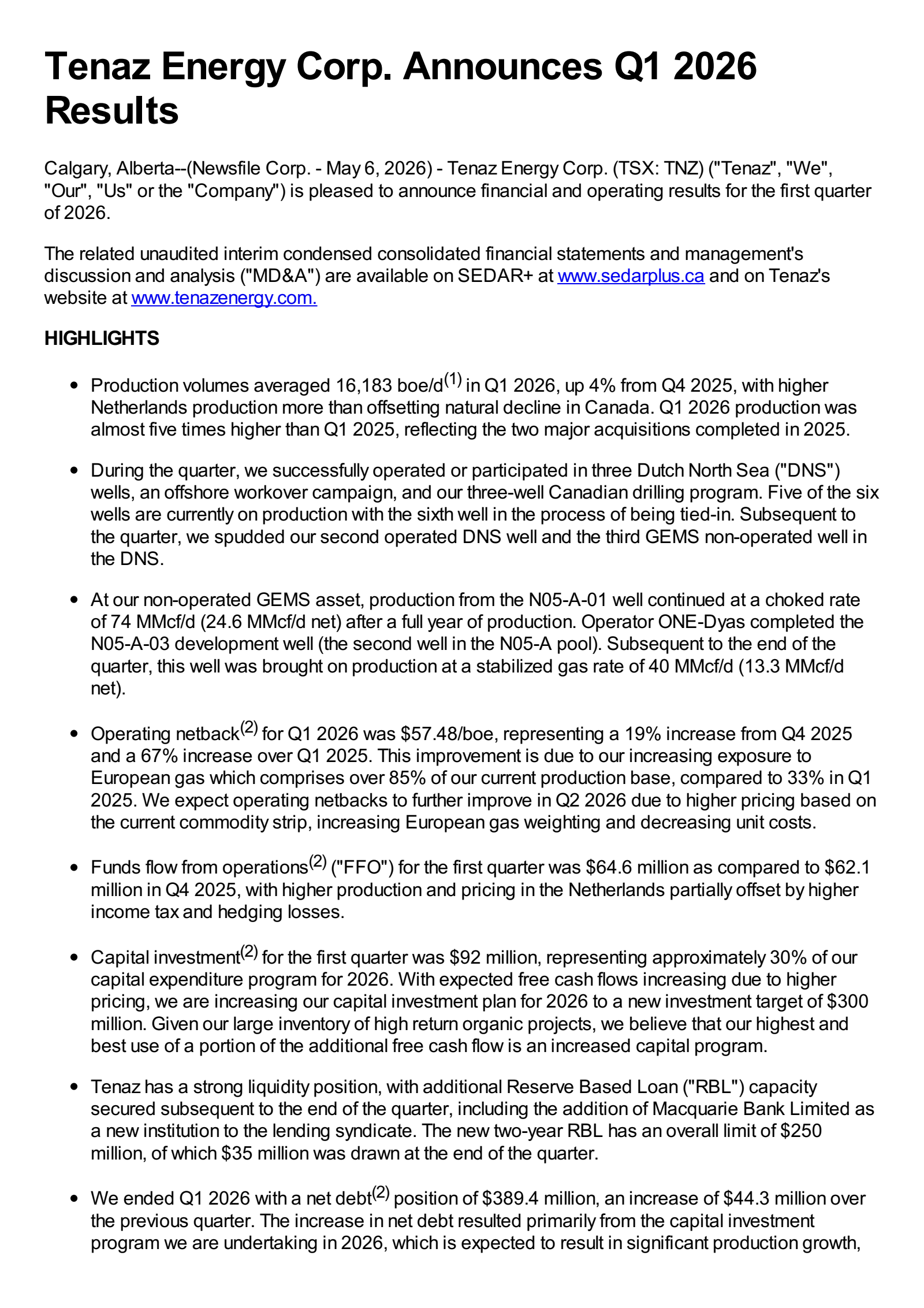 Tenaz Energy's Q1 2026 Press Release
