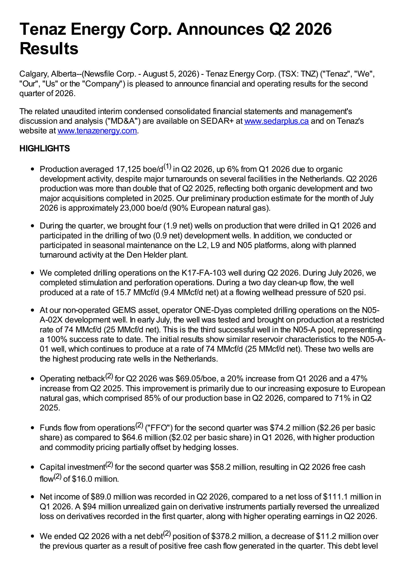 Tenaz Energy's Q2 2026 Press Release