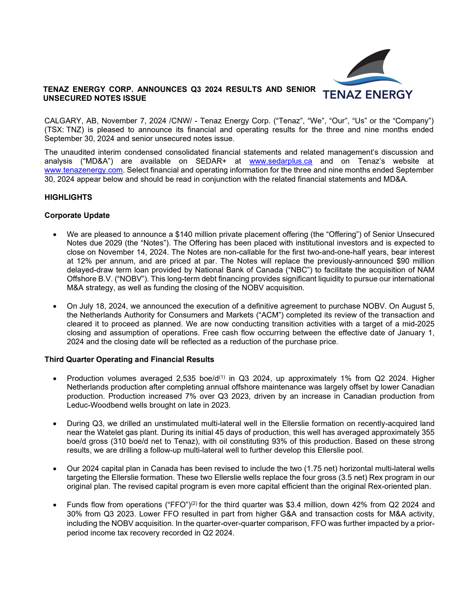 Tenaz Energy's Q3 2024 Press Release