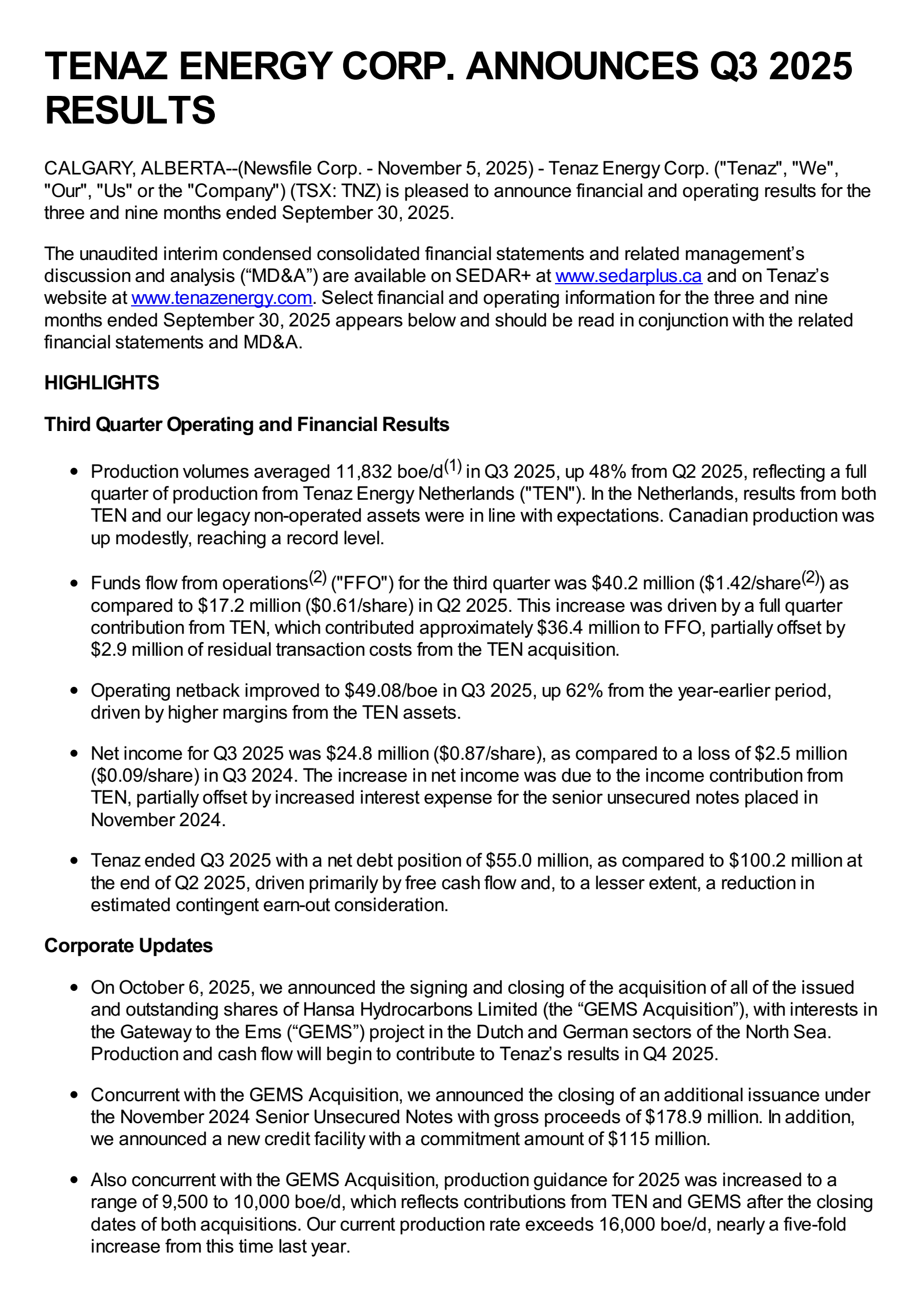 Tenaz Energy's Q3 2025 Earnings Release