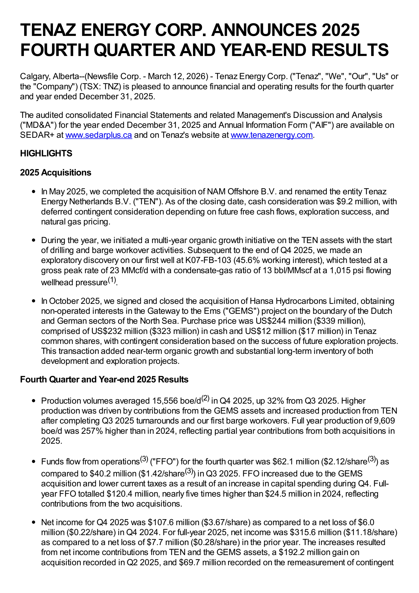 Tenaz Energy's Q4 2025 Press Release