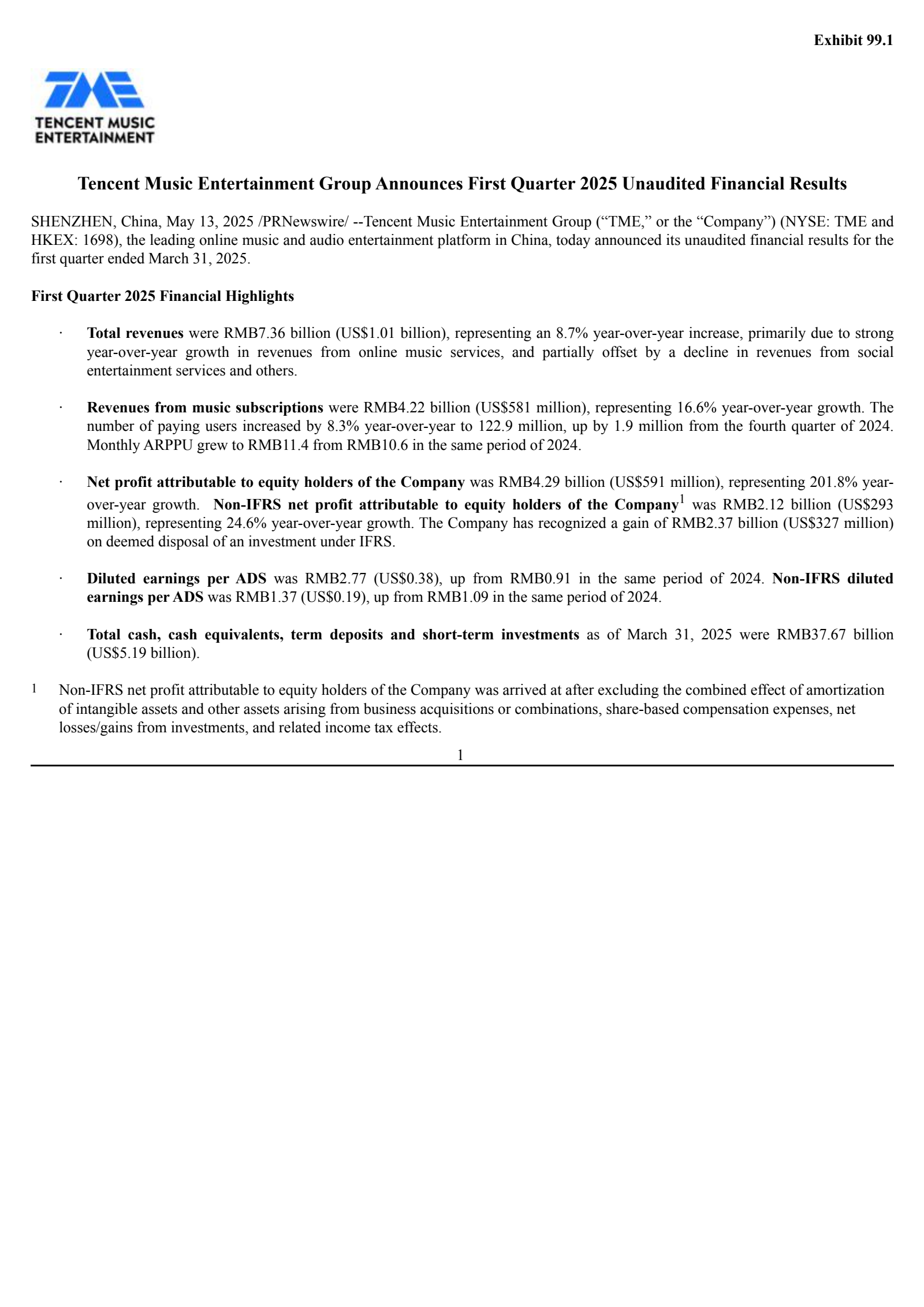 Tencent Music Entertainment Group's Q1 2025 Press Release