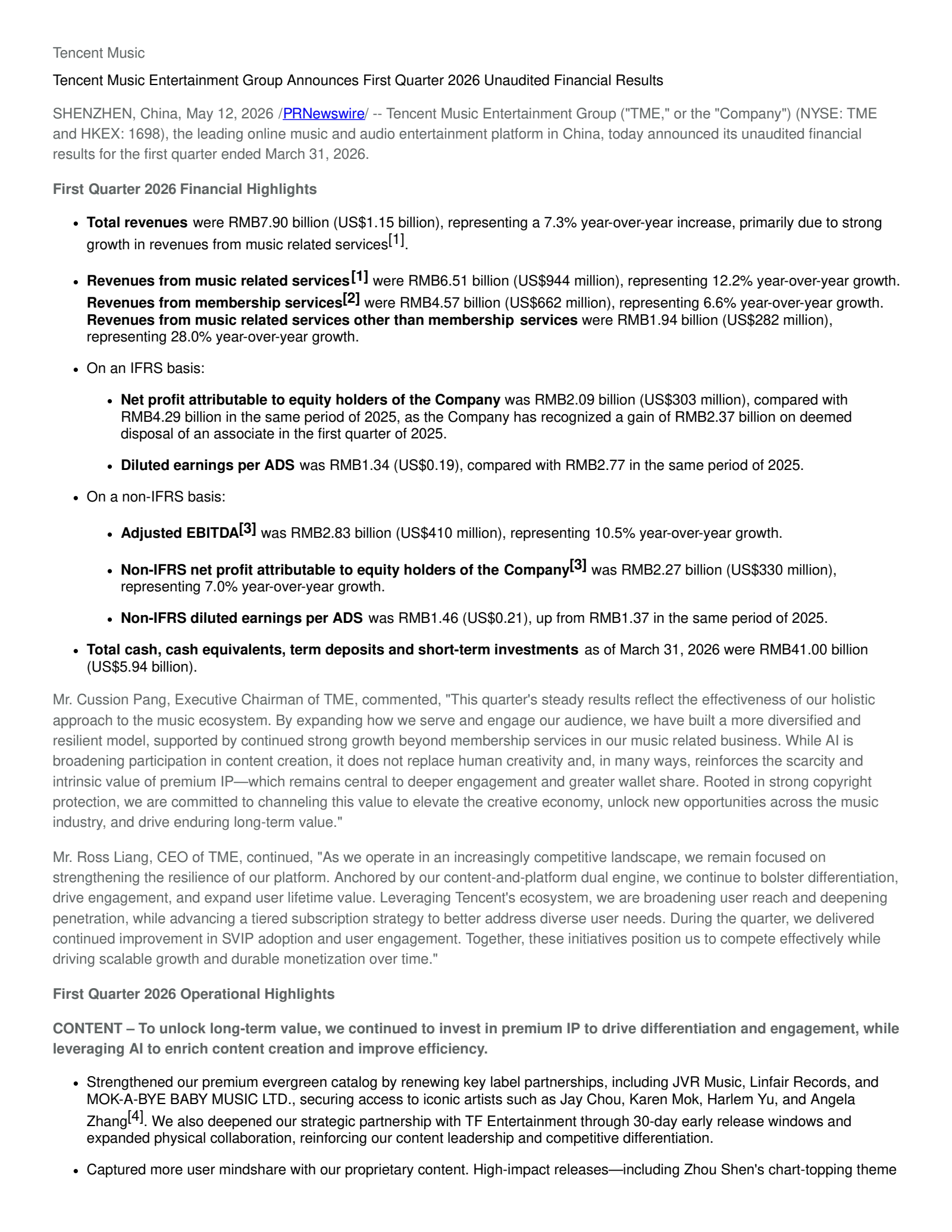 Tencent Music Entertainment Group's Q1 2026 Press Release