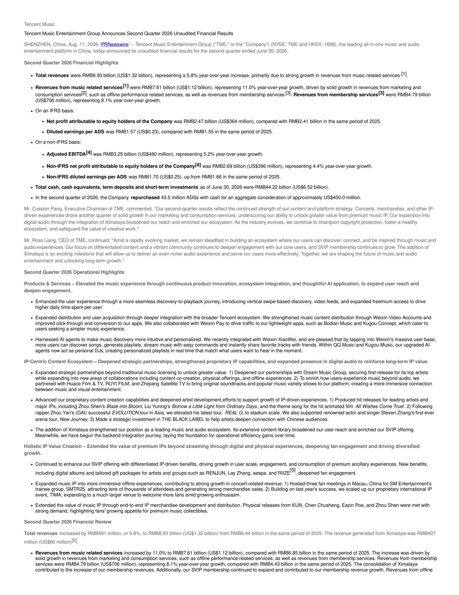 Tencent Music Entertainment Group's Q2 2026 Press Release