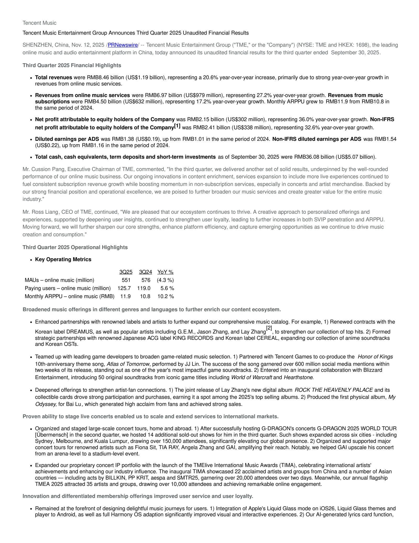Tencent Music Entertainment Group's Q3 2025 Earnings Release