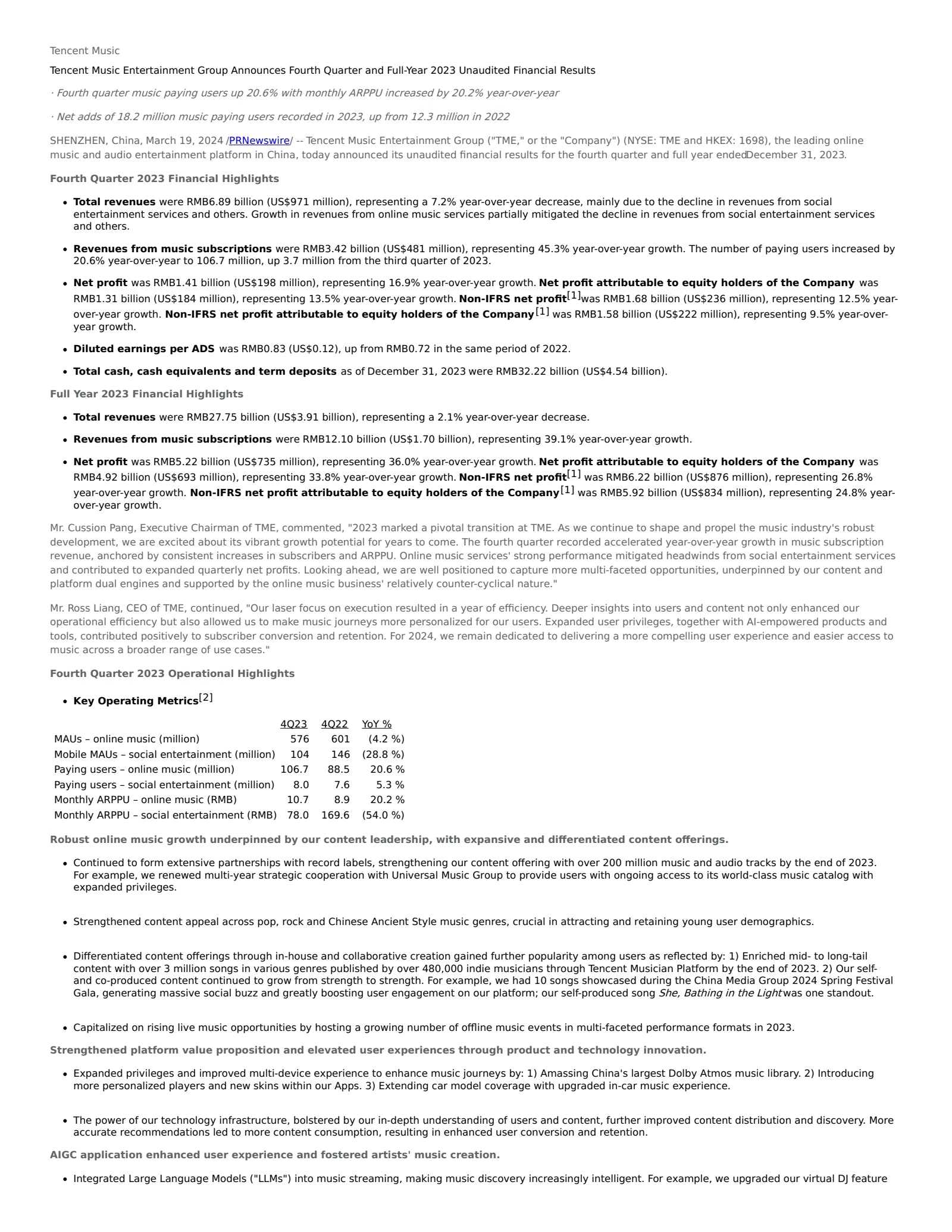 Tencent Music Entertainment Group's Q4 2023 Press Release