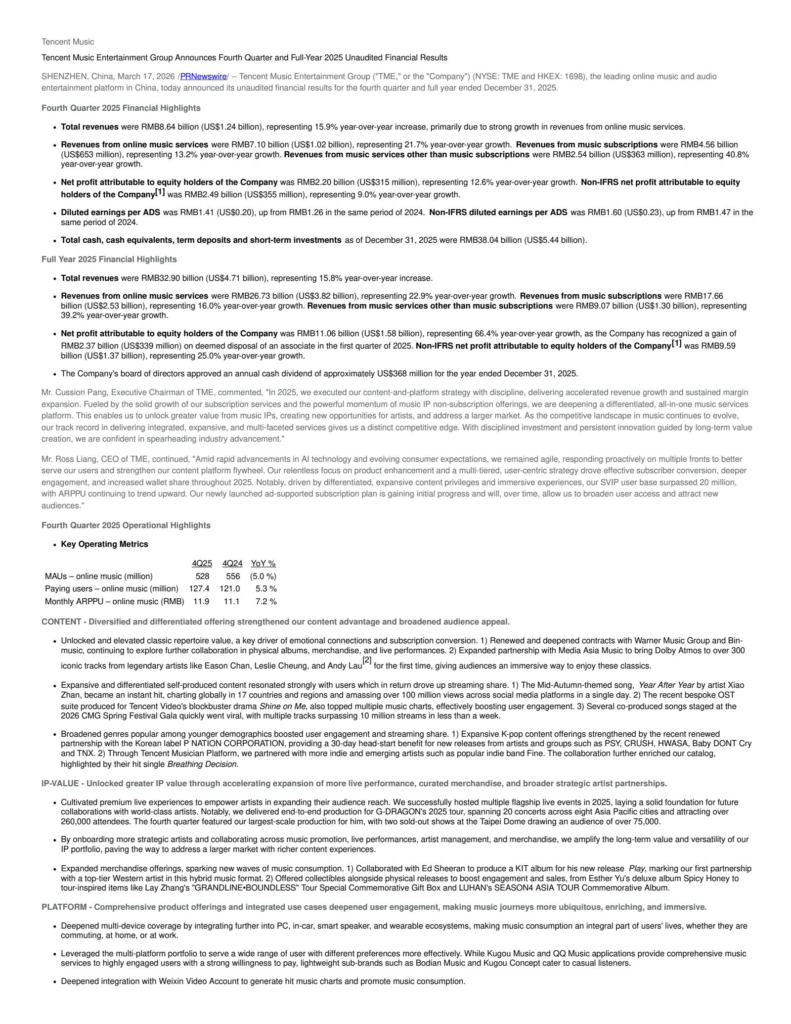 Tencent Music Entertainment Group's Q4 2025 Press Release