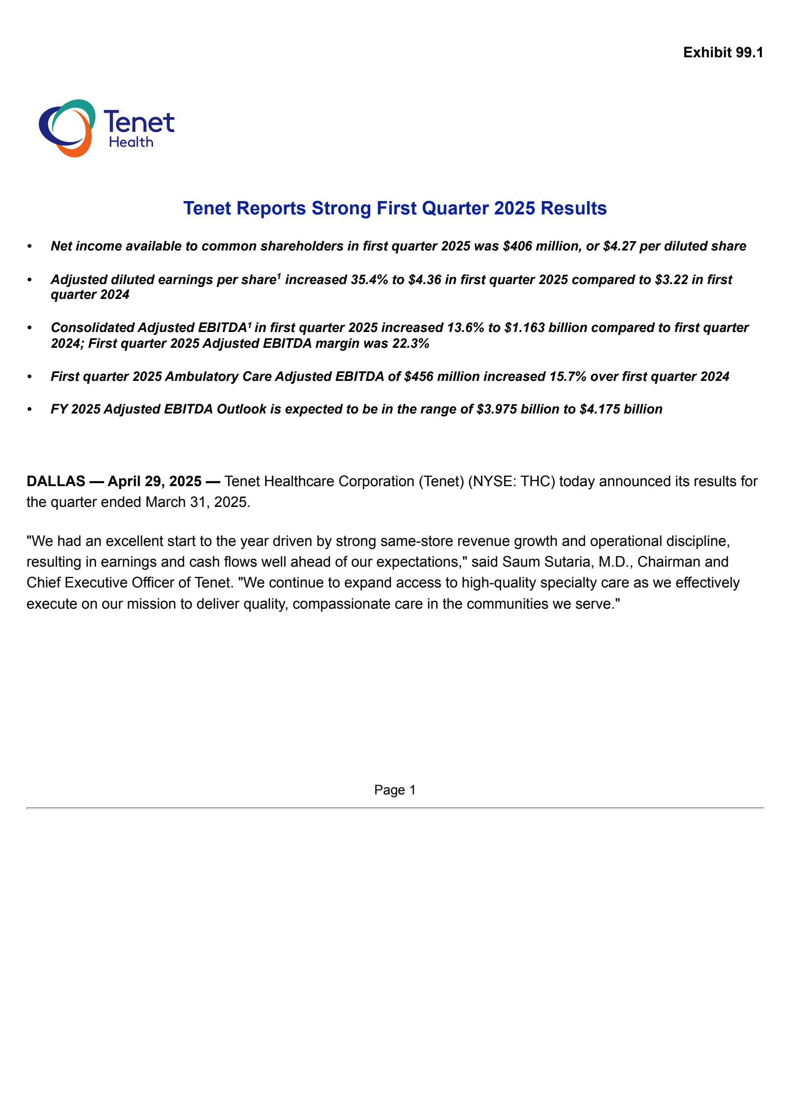Tenet Healthcare's Q1 2025 Press Release