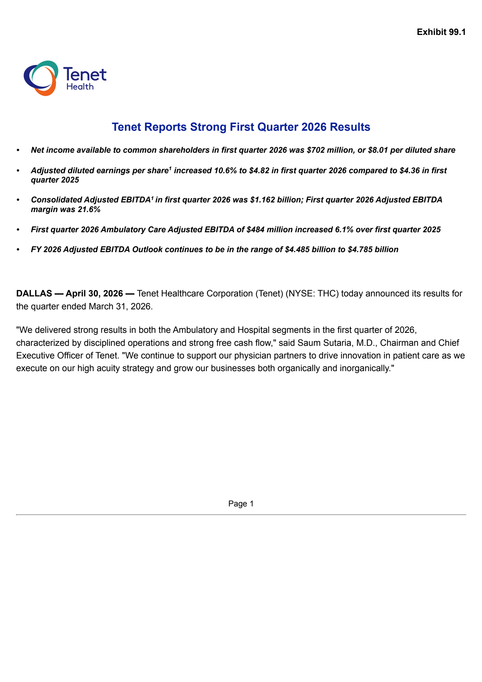 Tenet Healthcare's Q1 2026 Press Release