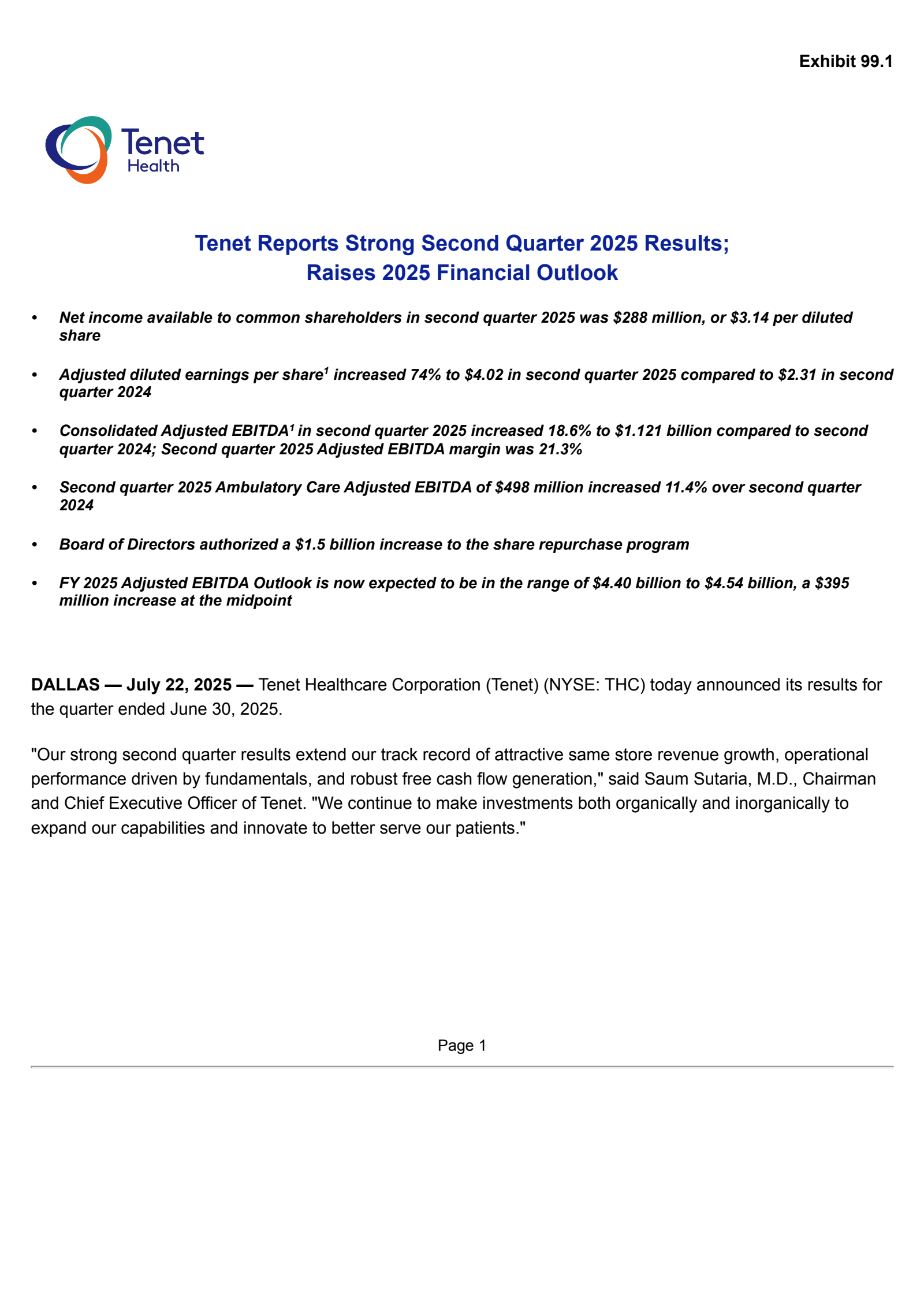 Tenet Healthcare's Q2 2025 Press Release