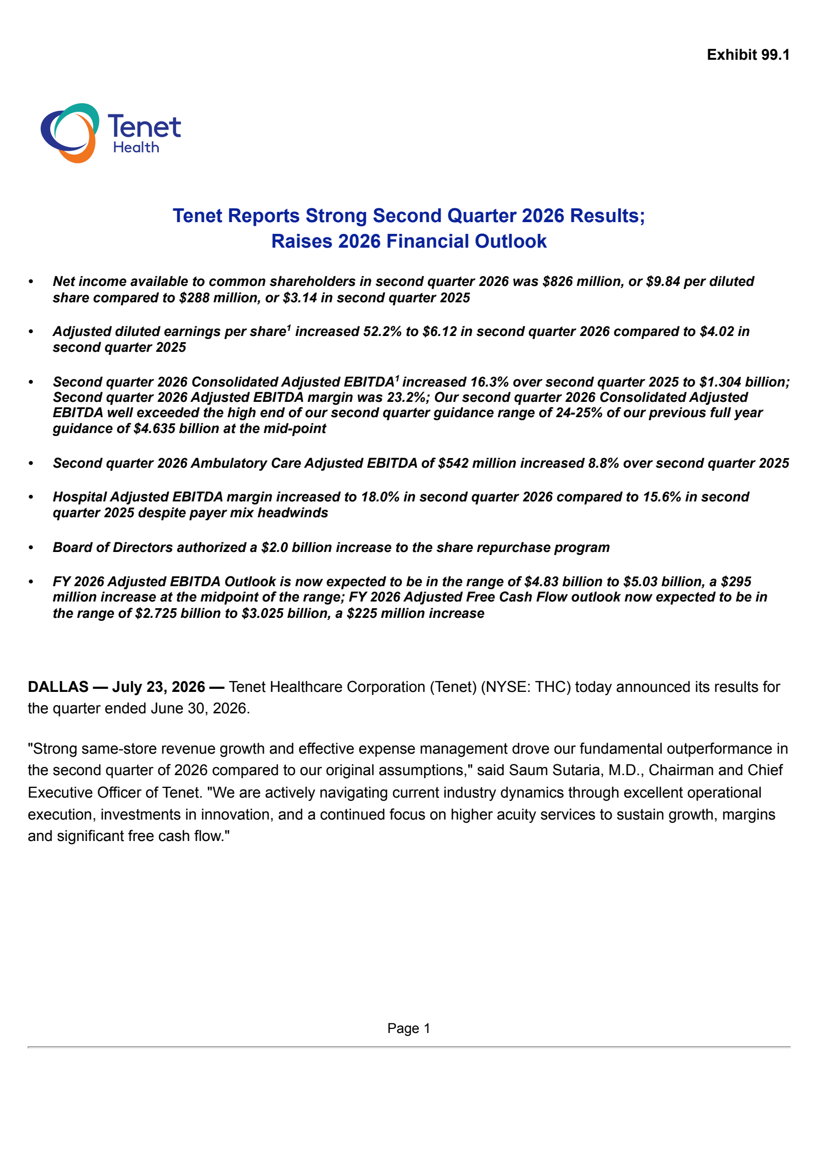 Tenet Healthcare's Q2 2026 Press Release