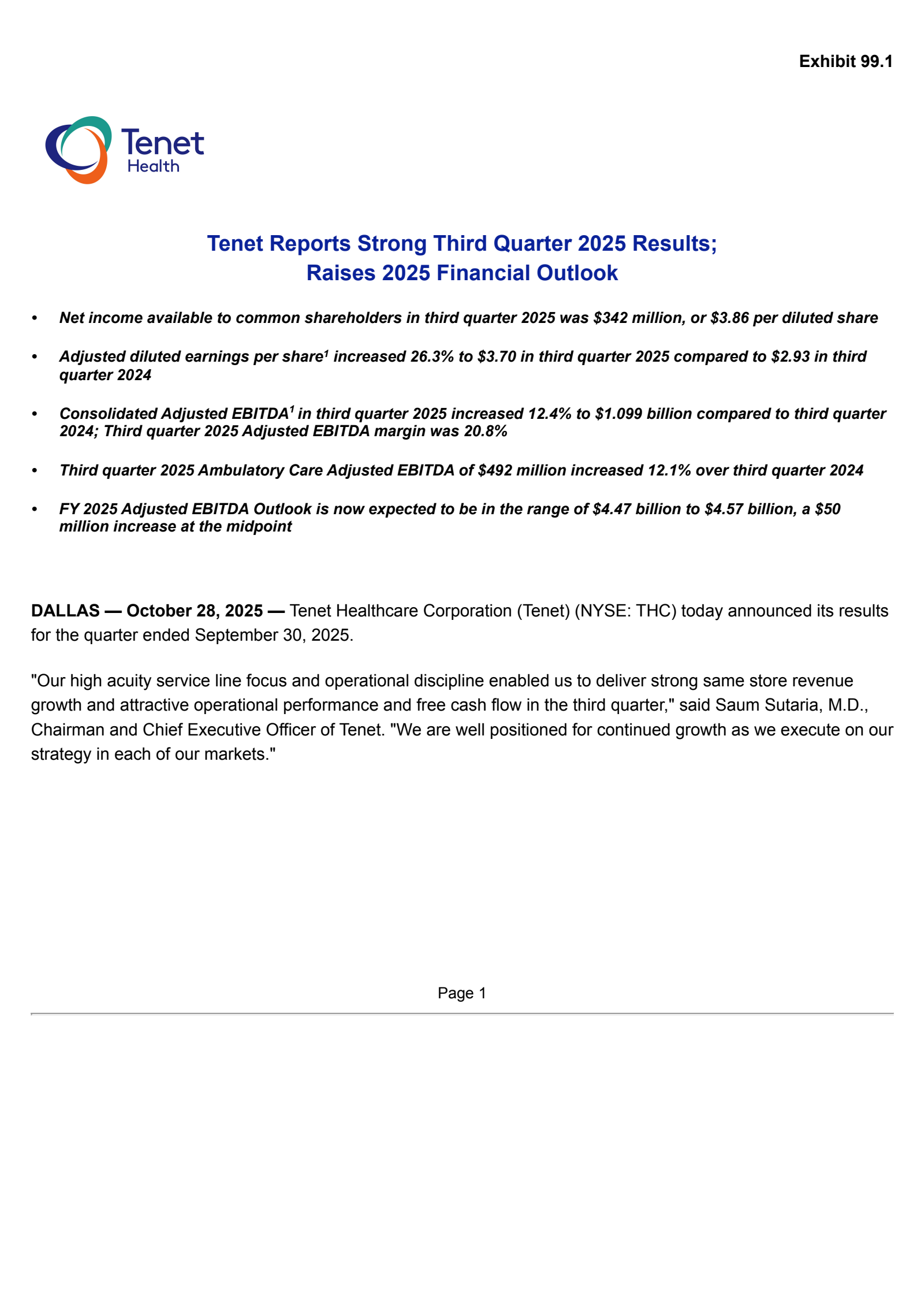Tenet Healthcare's Q3 2025 Earnings Release