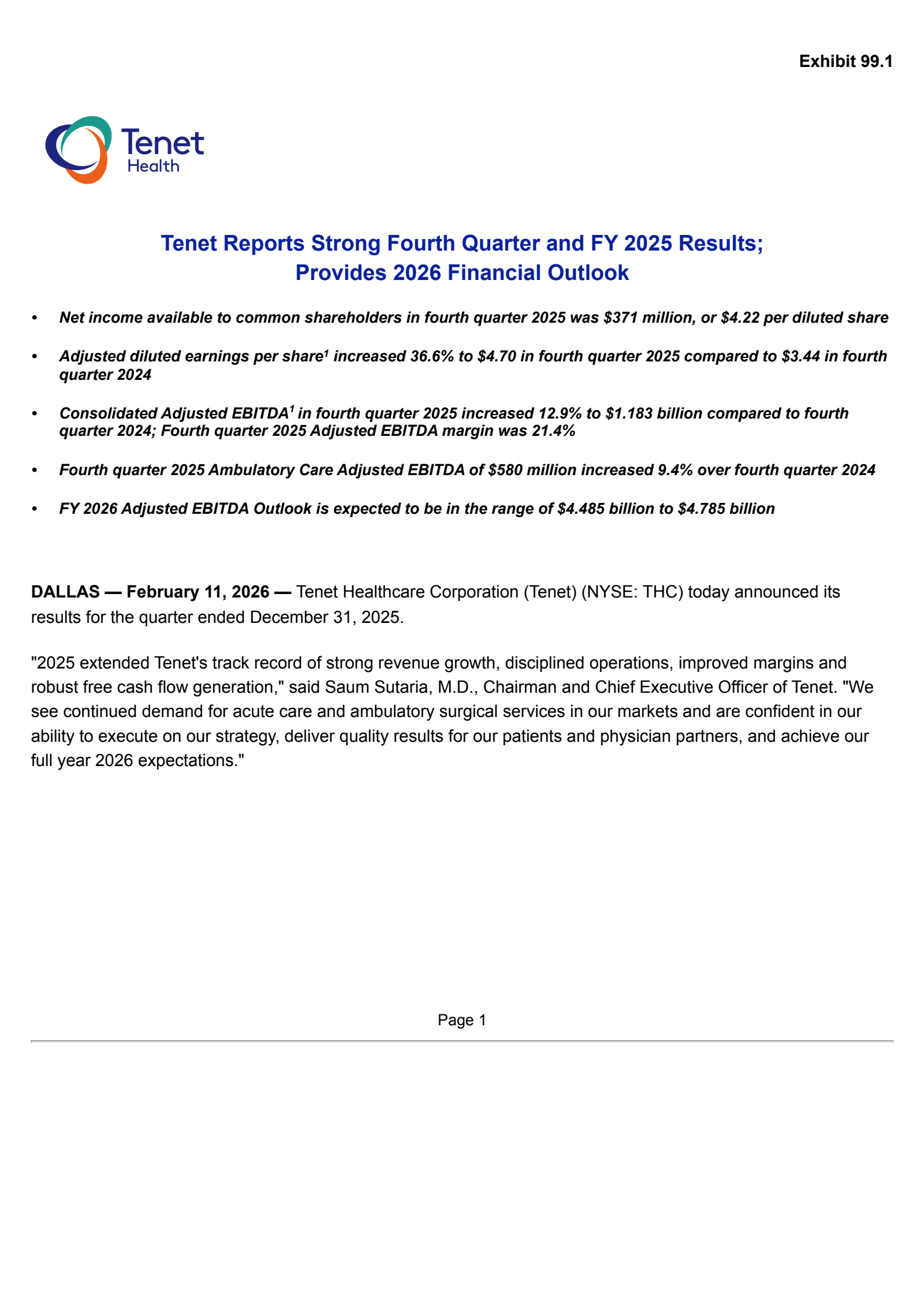 Tenet Healthcare's Q4 2025 Press Release