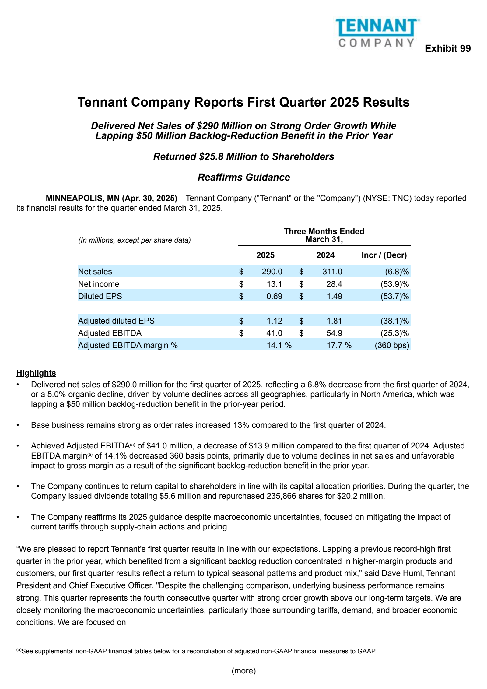 Tennant's Q1 2025 Press Release