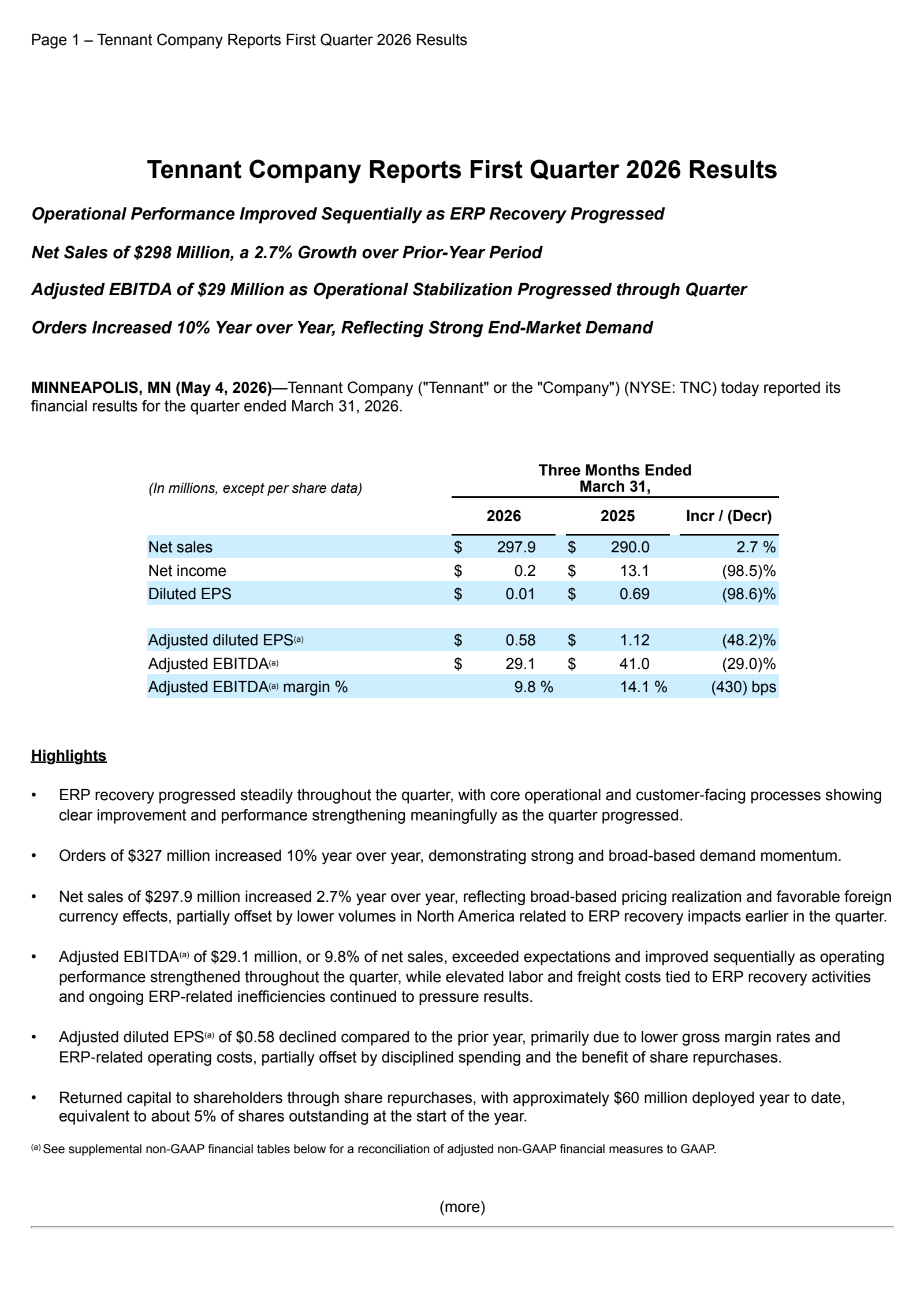 Tennant's Q1 2026 Press Release