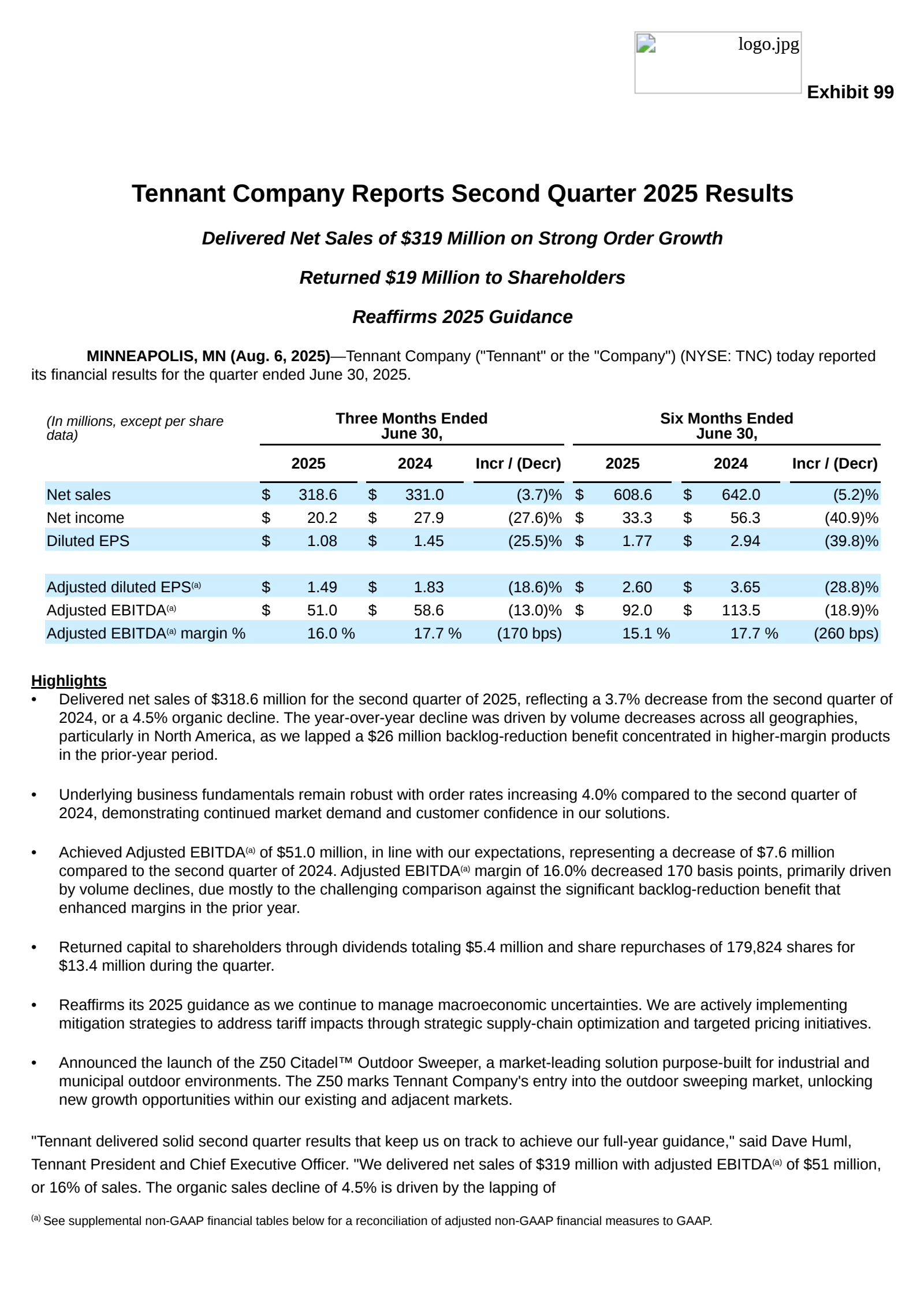 Tennant's Q2 2025 Press Release