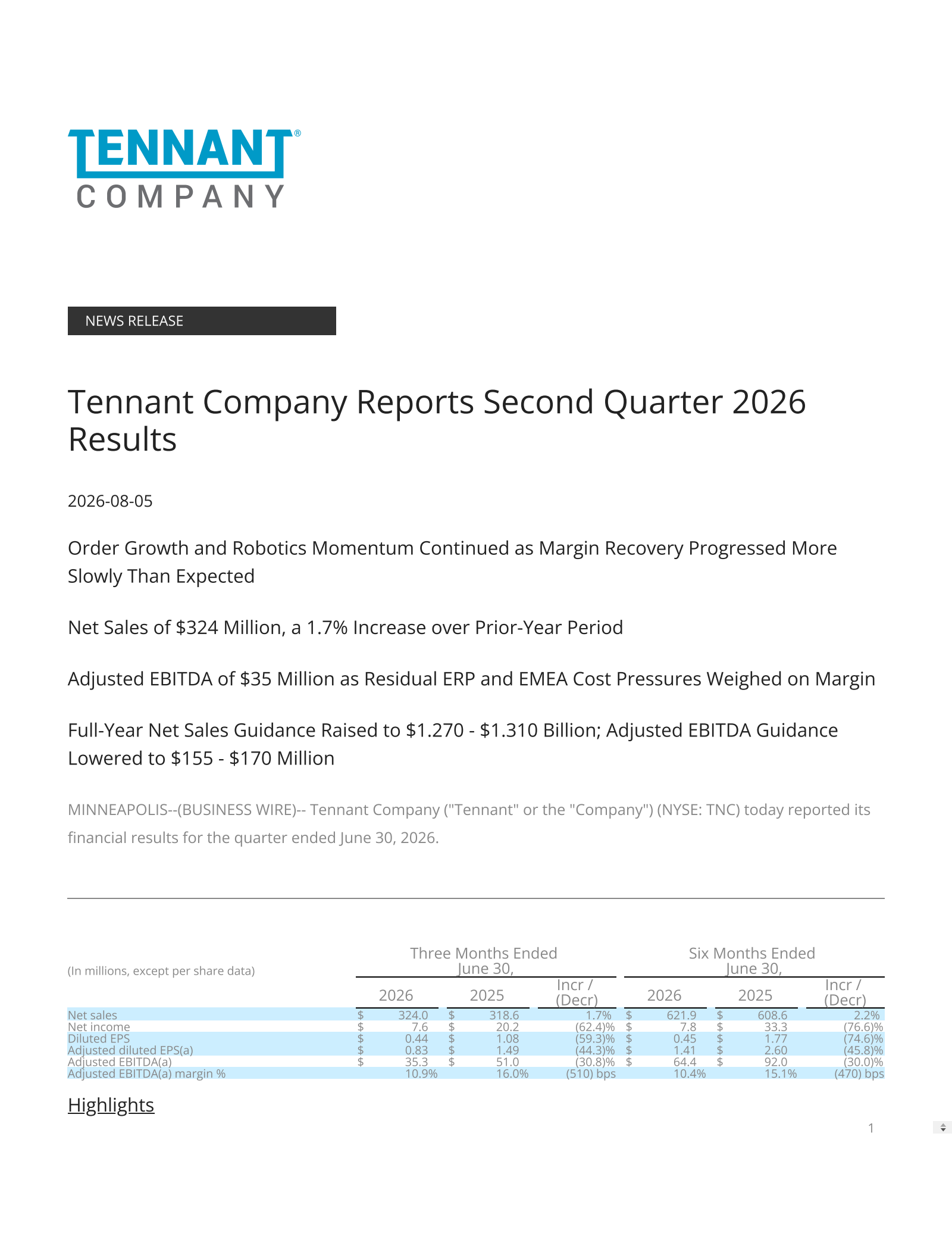 Tennant's Q2 2026 Press Release