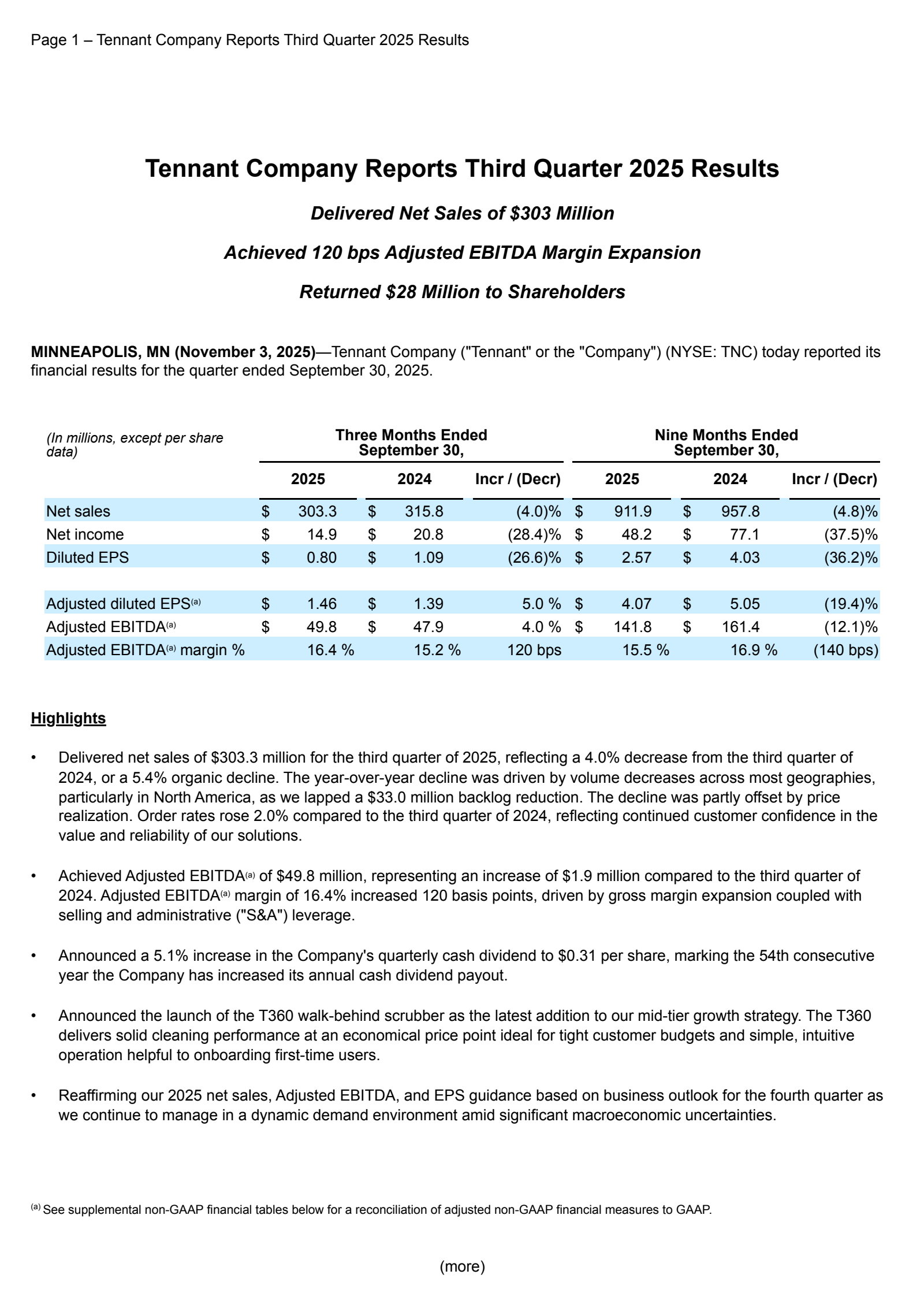 Tennant's Q3 2025 Earnings Release