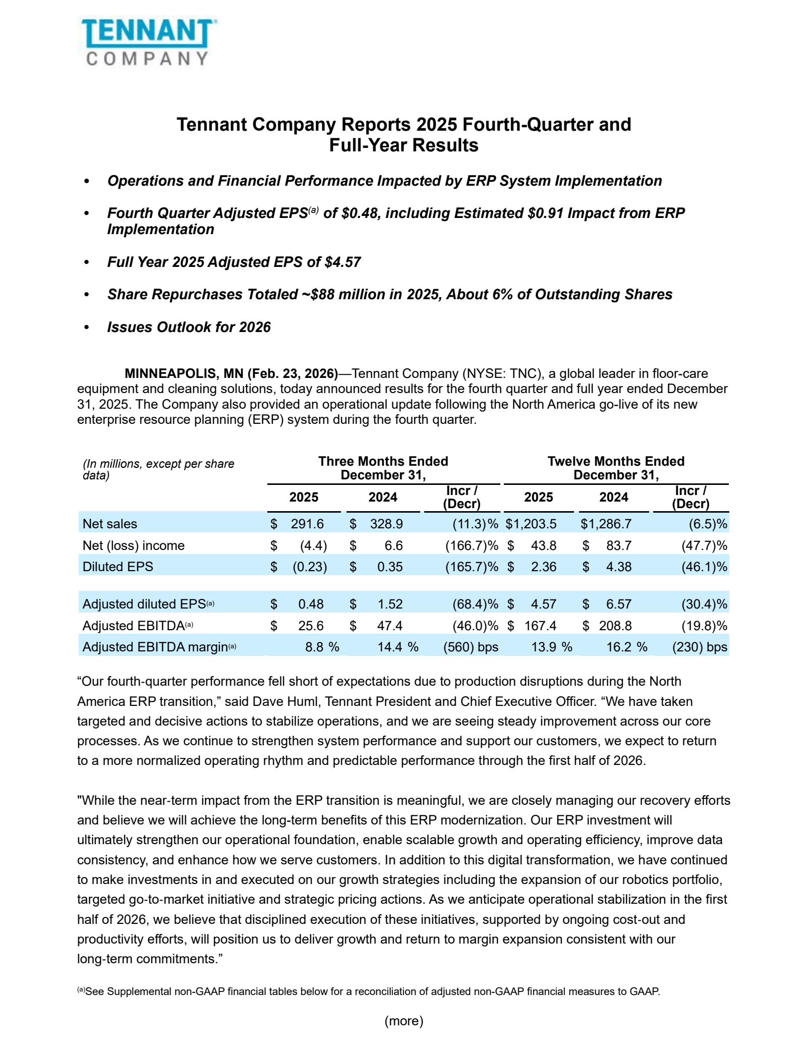 TNC Q4 2025 Earnings Report on 2/23/2026