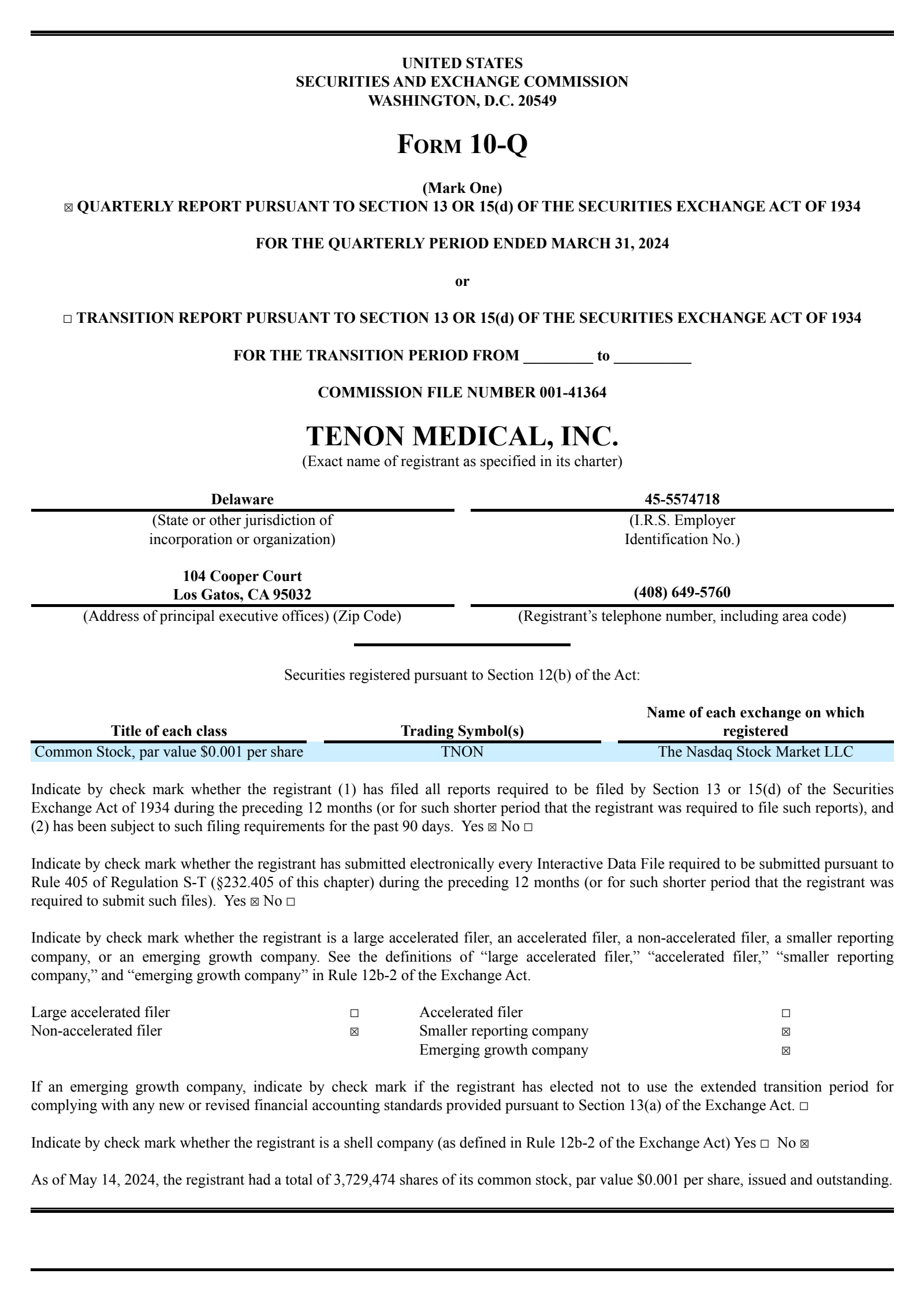 Tenon Medical's Q1 2024 Quarterly report