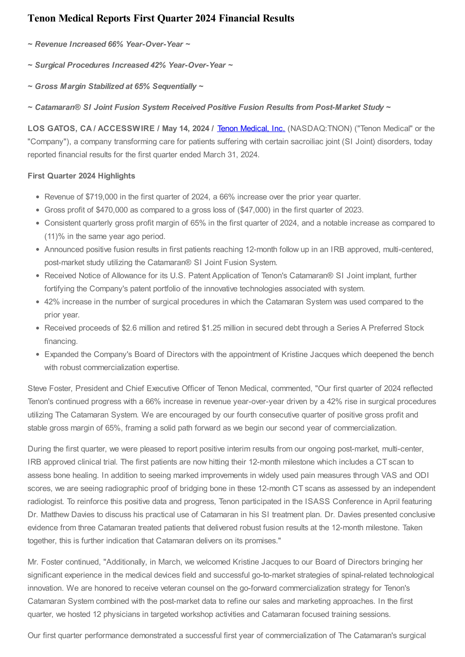 Tenon Medical's Q1 2024 Press Release