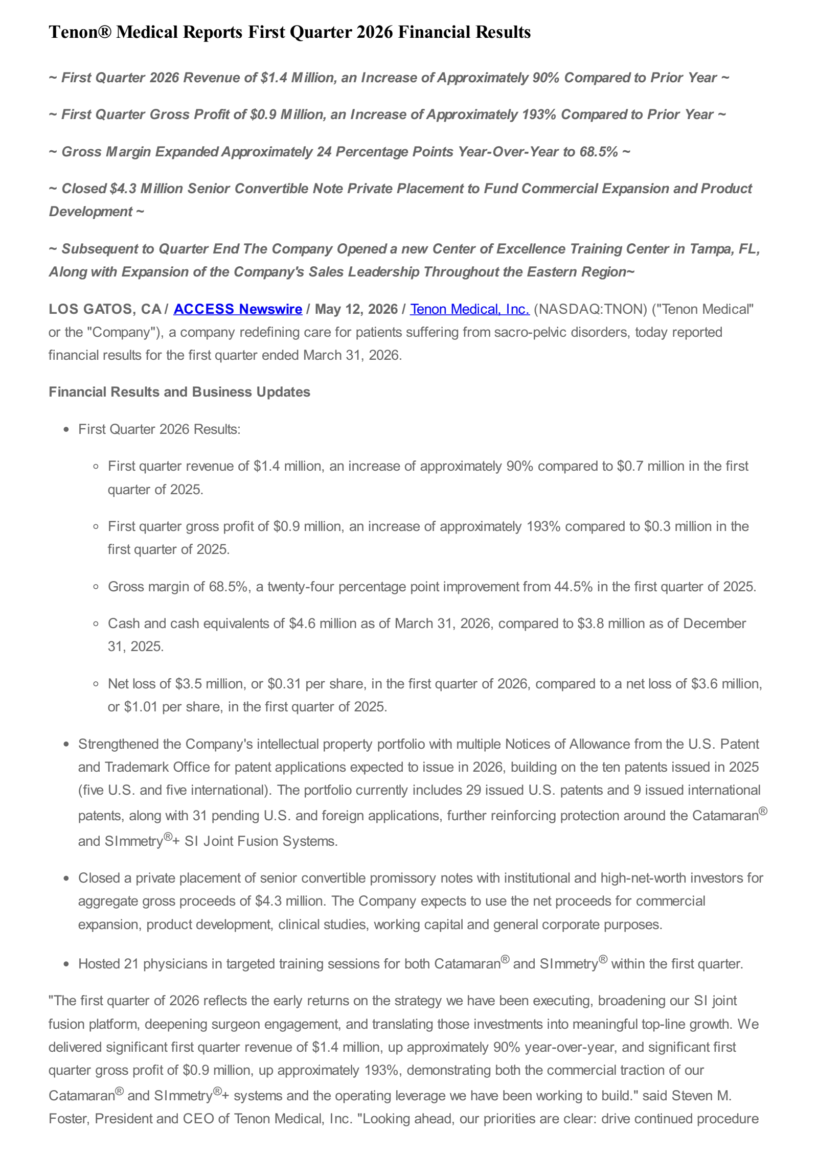 Tenon Medical's Q1 2026 Press Release