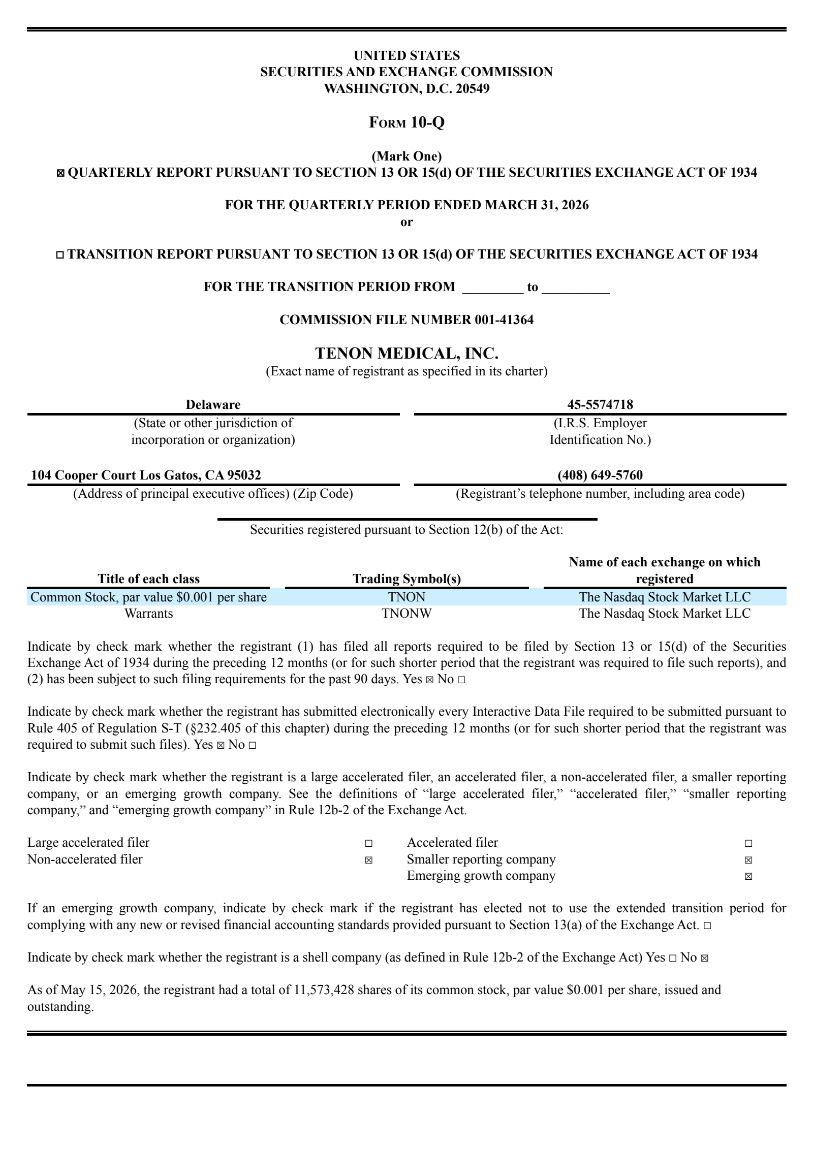 Tenon Medical's Q1 2026 Quarterly report