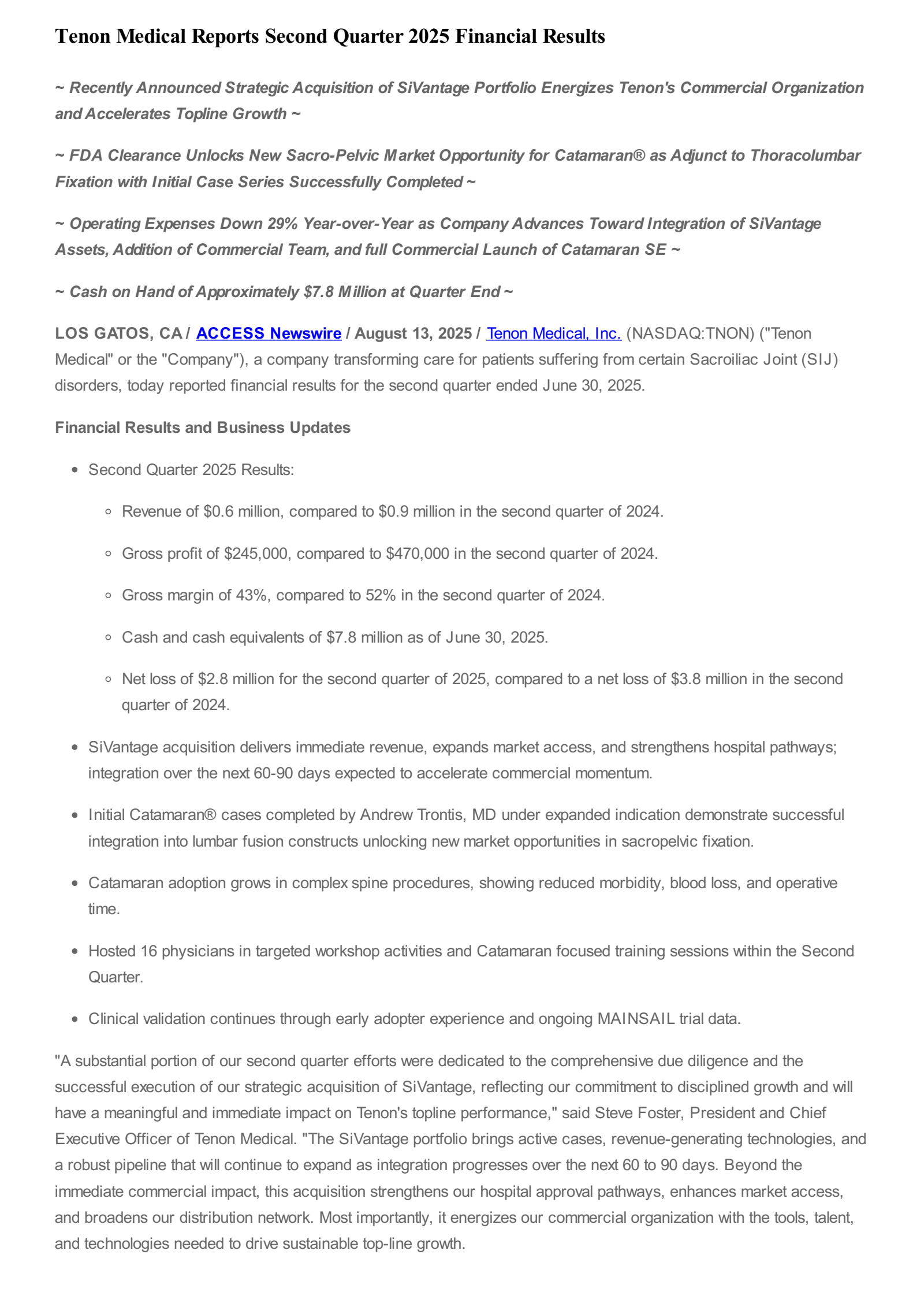 Tenon Medical's Q2 2025 Press Release