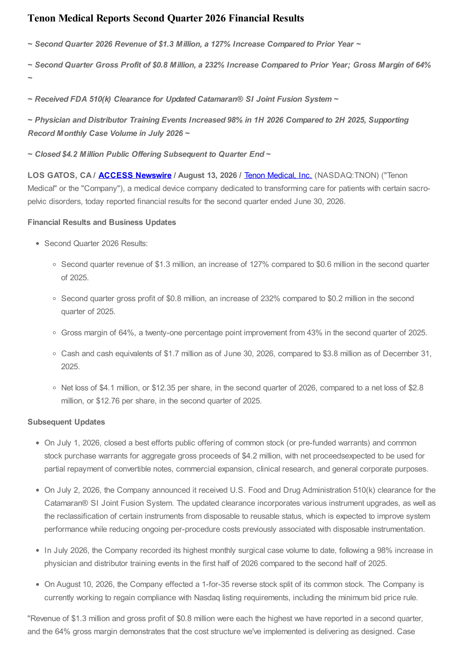 Tenon Medical's Q2 2026 Press Release