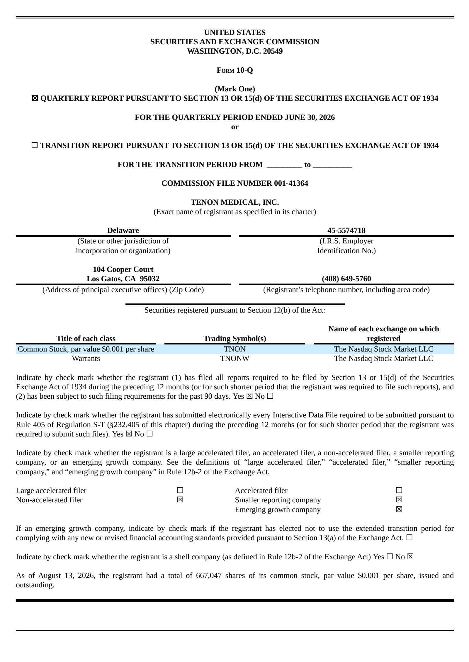 Tenon Medical's Q2 2026 Quarterly report