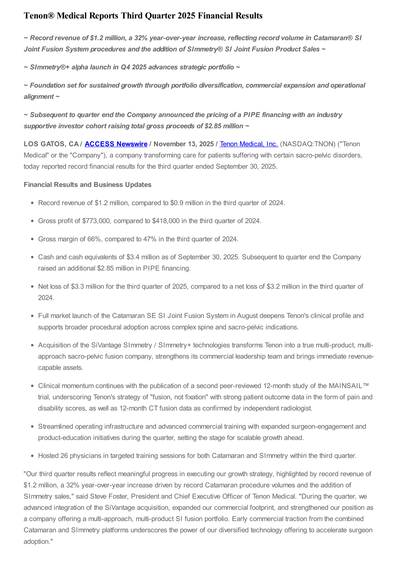 Tenon Medical's Q3 2025 Earnings Release