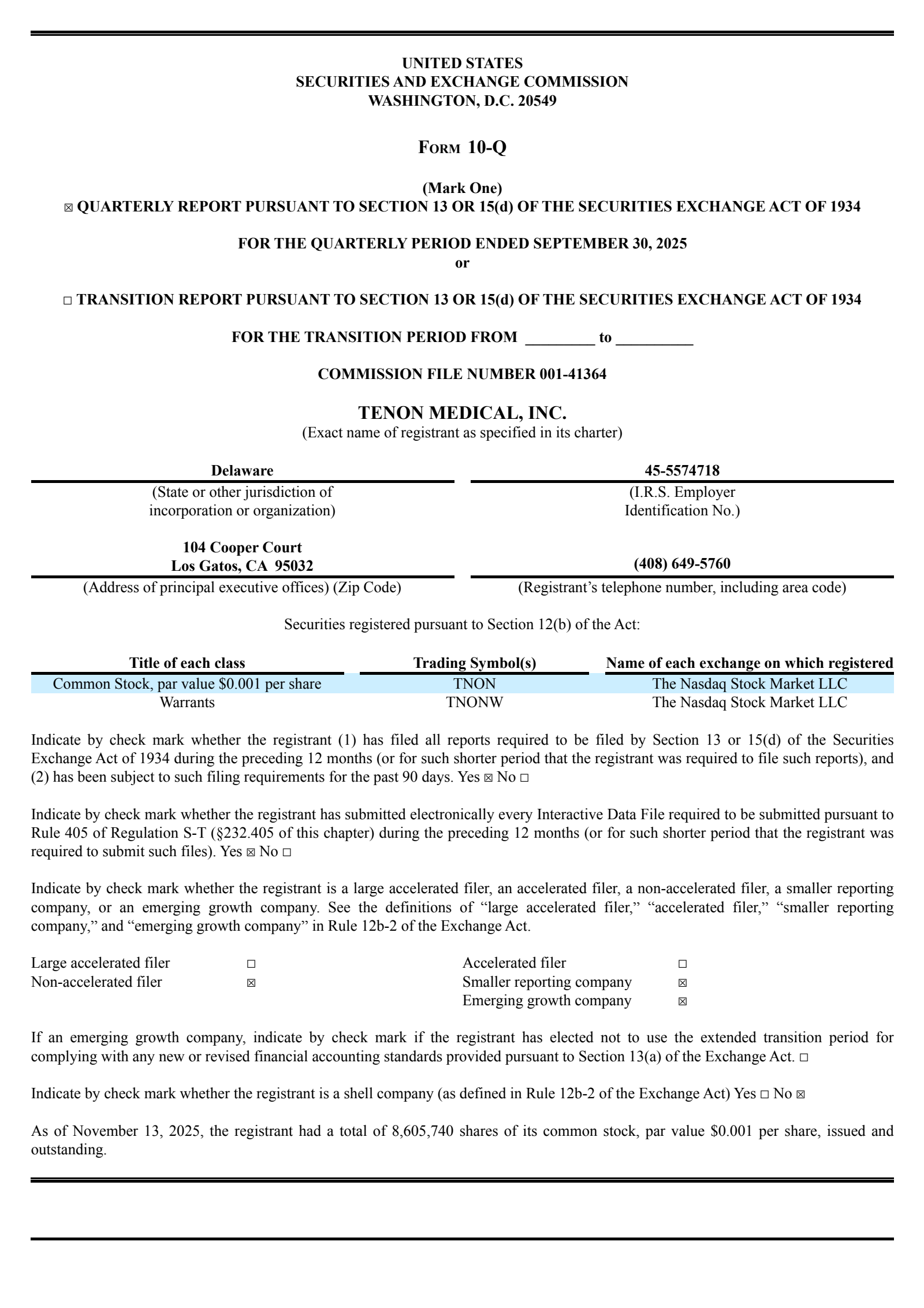Tenon Medical's Q3 2025 Quarterly Report